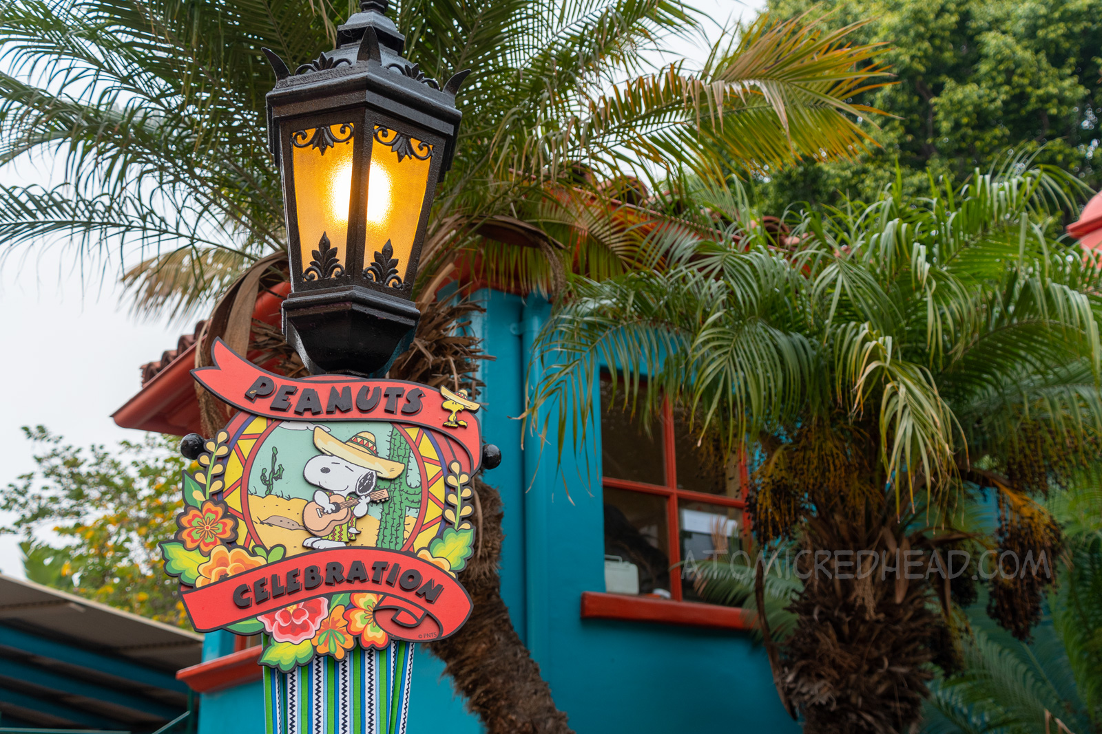 A sign featuring Snoopy wearing a sombrero and holding a guitar. The text around reads "Peanuts Celebration" 