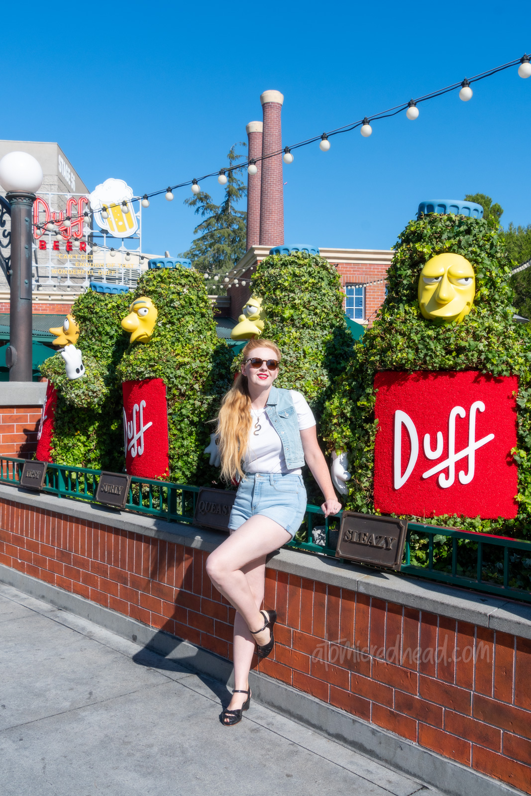 Myself, wearing a white t-shirt, with a jean vest over, and jean shorts, standing in front of topiaries of Duff beer bottles.