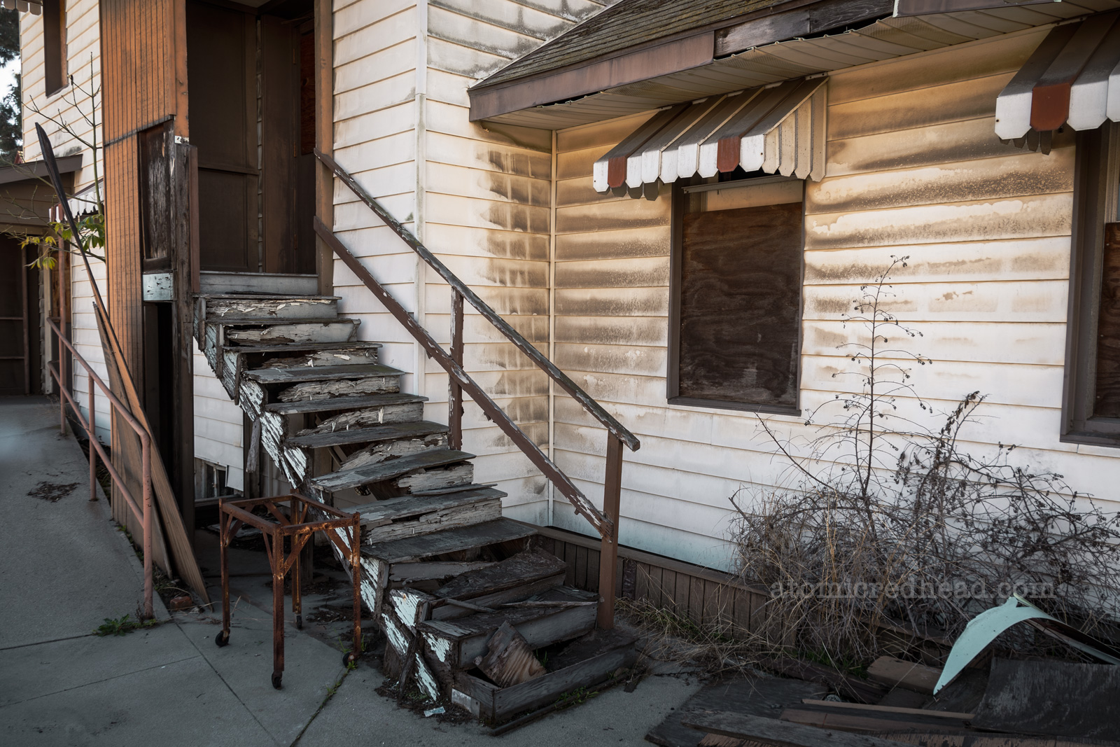 A set of rotting wooden stairs.