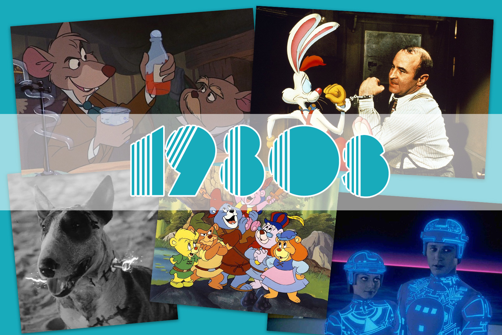 Collage of images from Adventures of the Gummi Bears, Frankenweenie, The Great Mouse Detective, Who Framed Roger Rabbit?, and Tron. With "1980s" over the top.