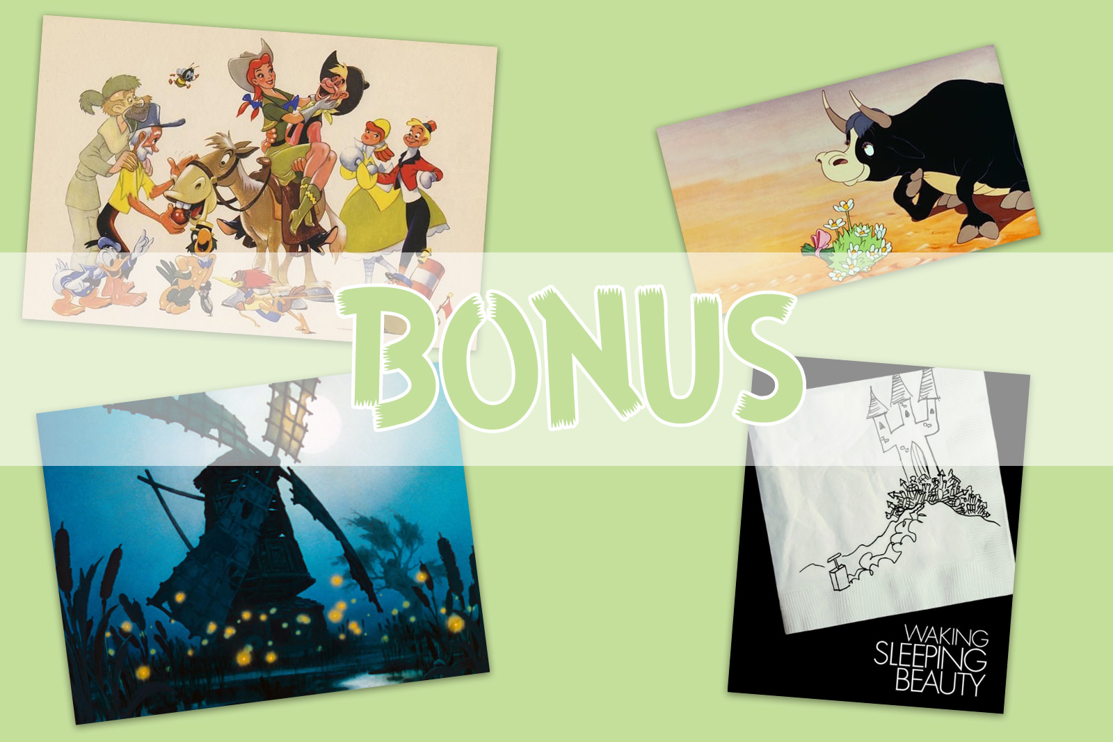 Collage of images from Melody Time, Ferdinand the Bull, The Old Mill, and Waking Sleeping Beauty