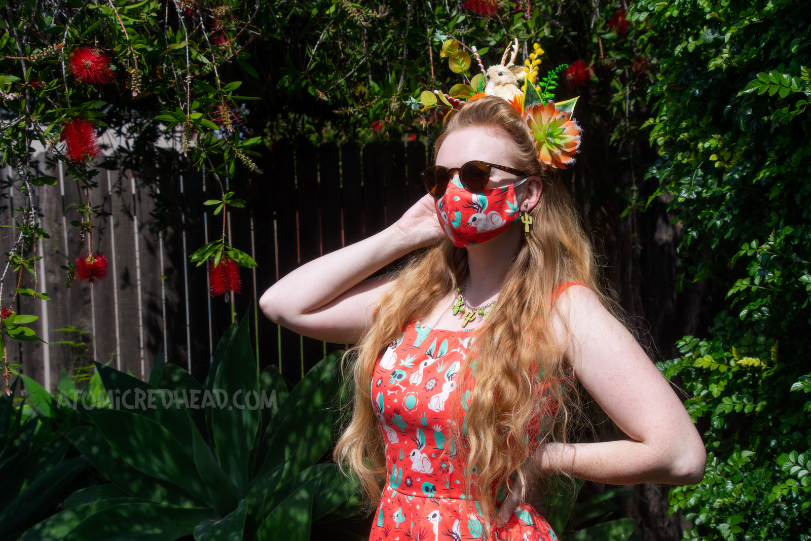 Myself wearing a face mask made of the same material as my dress.