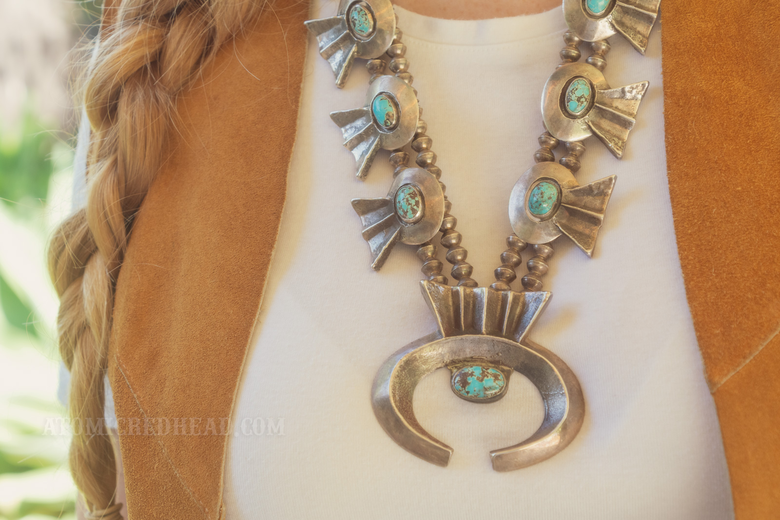 Close-up of my squash blossom necklace.