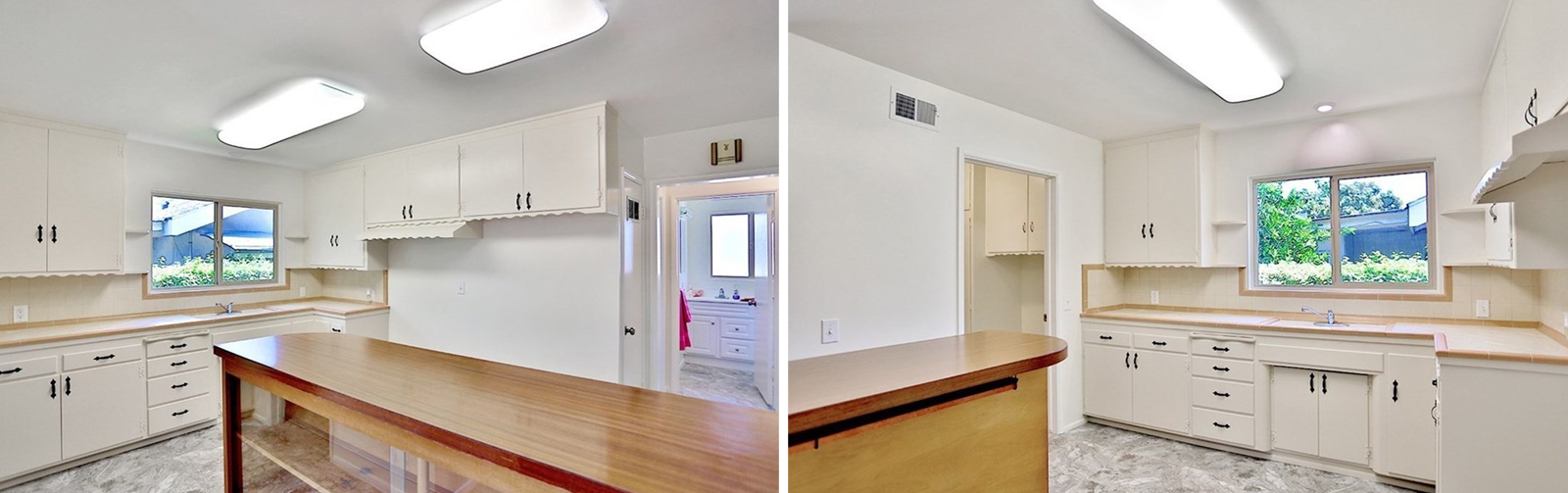 Before photos of our kitchen. Cream cabinets rest against white walls. The counter is made of cream and pink tiles. The floor is faux grey marble.