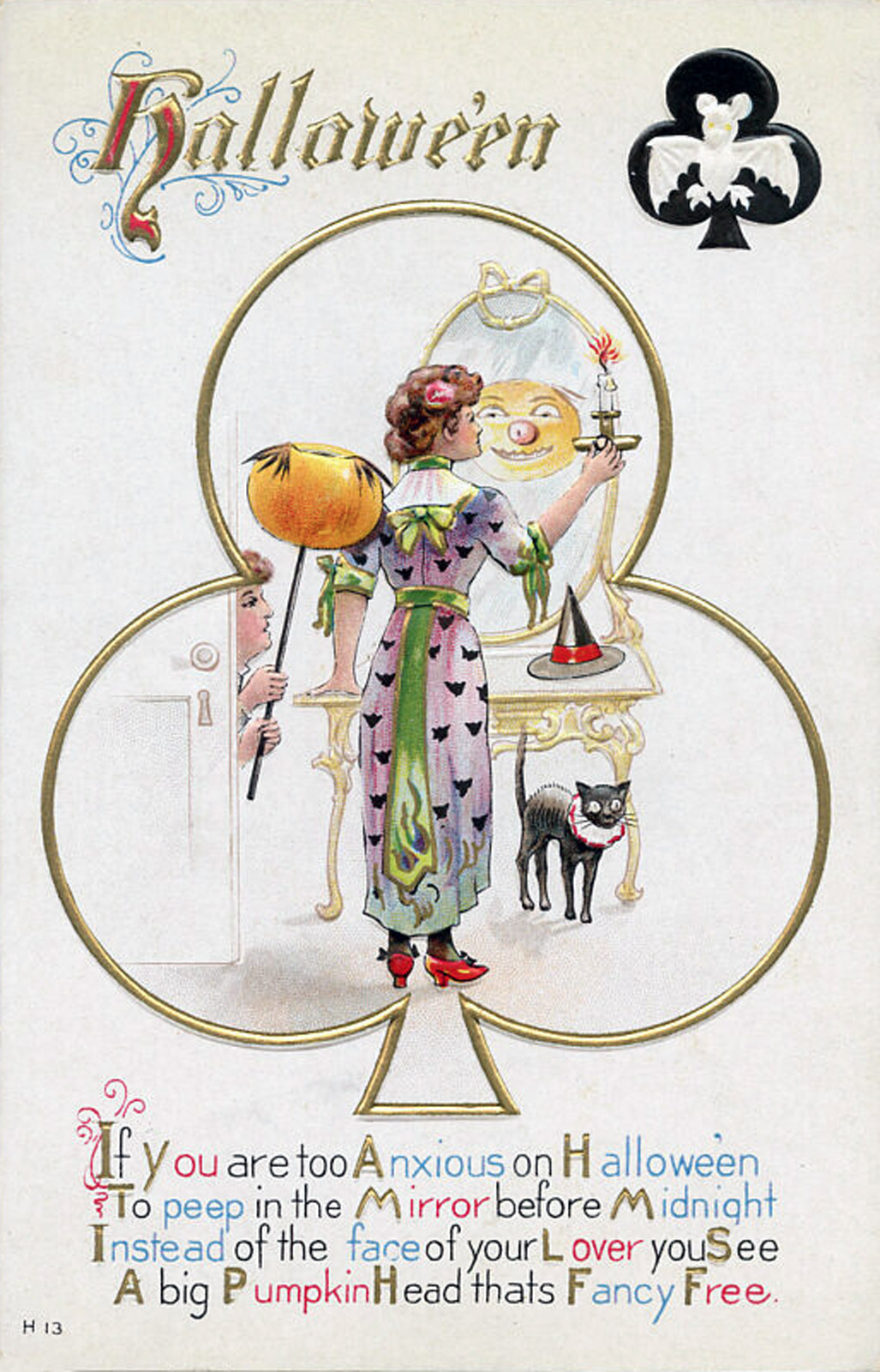 A woman wearing a purple dress with green bows and little black bats on it holds a candle in front of a mirror. In the mirror is a funny pumpkin face, behind her a man holds a pumpkin on a stick. Text reads "Halloween. If you are too Anxious on Halloween to peep in the mirror before midnight instead of the face of your lover you see, a big pumpkin head tats fancy free."