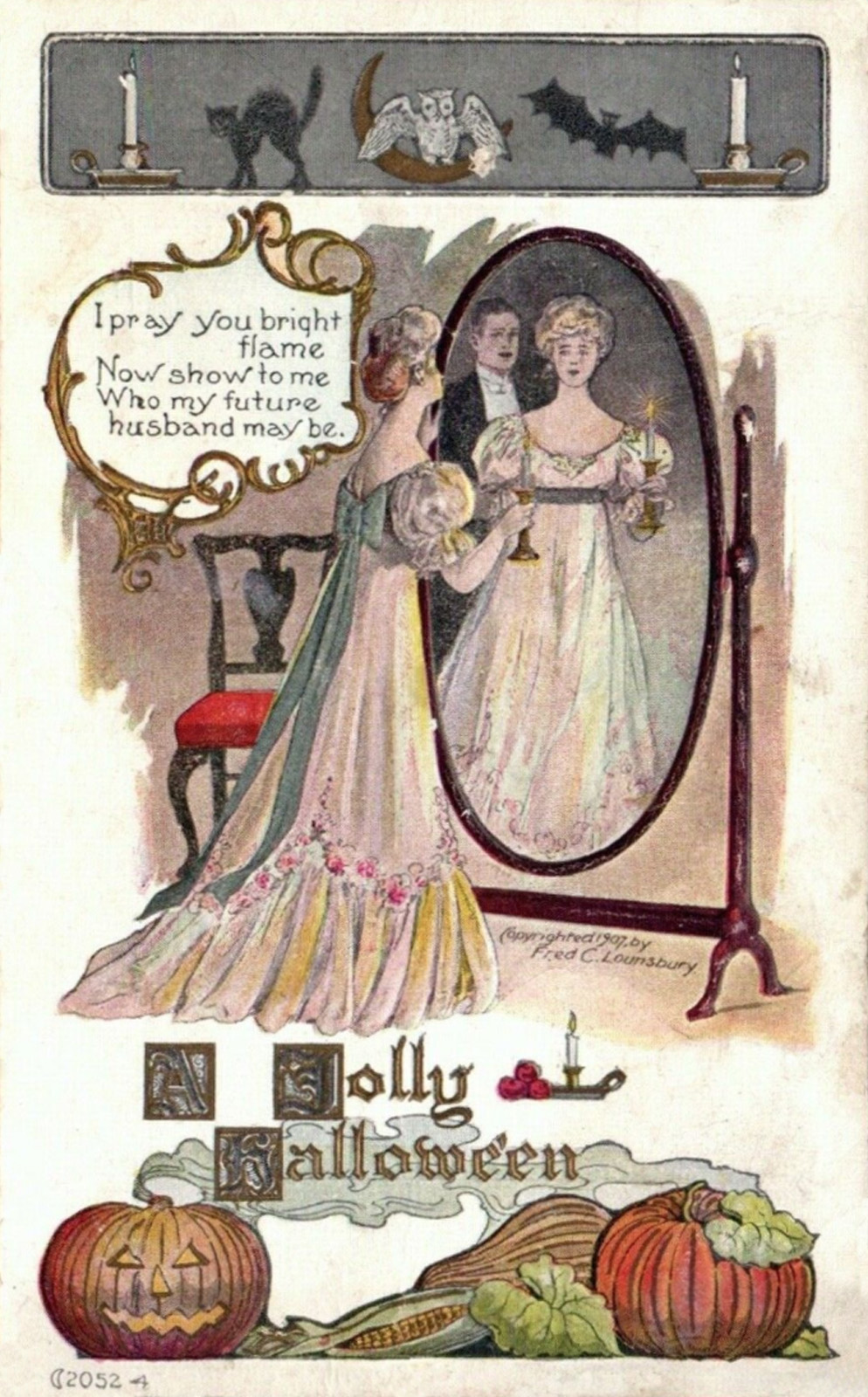 A woman in a white dress with blue bow stands in front of a mirror holding a candle, a man in a tux appears next to her in the mirror. Text reads "I pray you bright flame Now show to me Who my future husband may be."