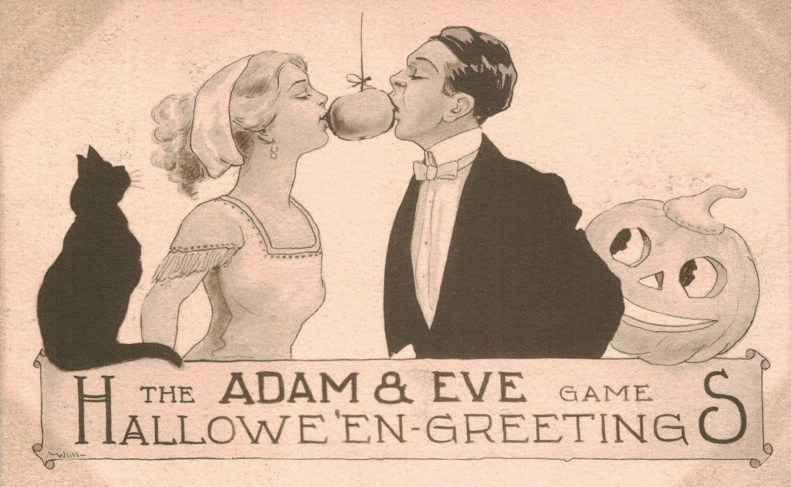 A couple bites into the same hanging apple. Text at the bottom reads "The Adam & Eve Game Halloween Greetings."