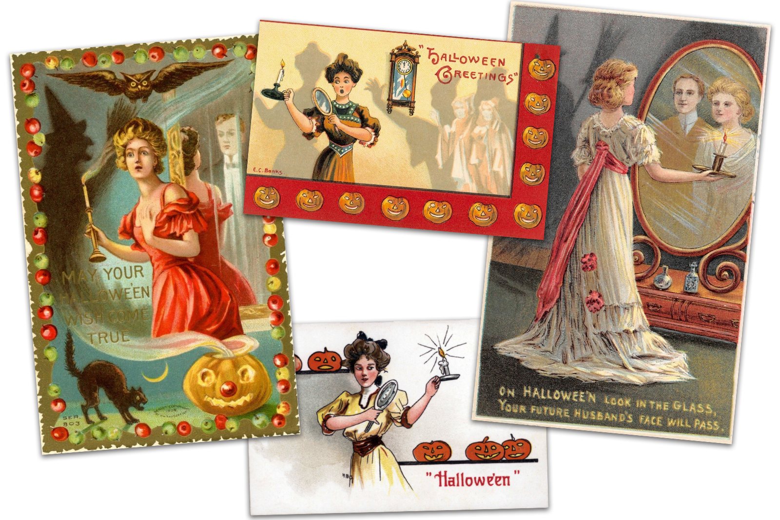 Collage of four postcards. One features a woman in a red dress holding a candle, the mirror behind her has a man in a tux. Text reads "May your Halloween wish come true." Another postcard features a woman in Victorian attire holding a candle and a mirror, two ghost like figures are seen on the opposite side of the card. Text near the top reads "Halloween greetings." Another postcard features a woman in a yellow Victorian dress holding a candle and mirror, with Jack O'Lanterns behind her, text along the bottom reads "Halloween." Another postcard features a woman in a white dress with large pink sash, standing in front of a large mirror holding a candle, and a man appears over her shoulder. Text reads "On Halloween look in the glass, your future husband's face will pass."
