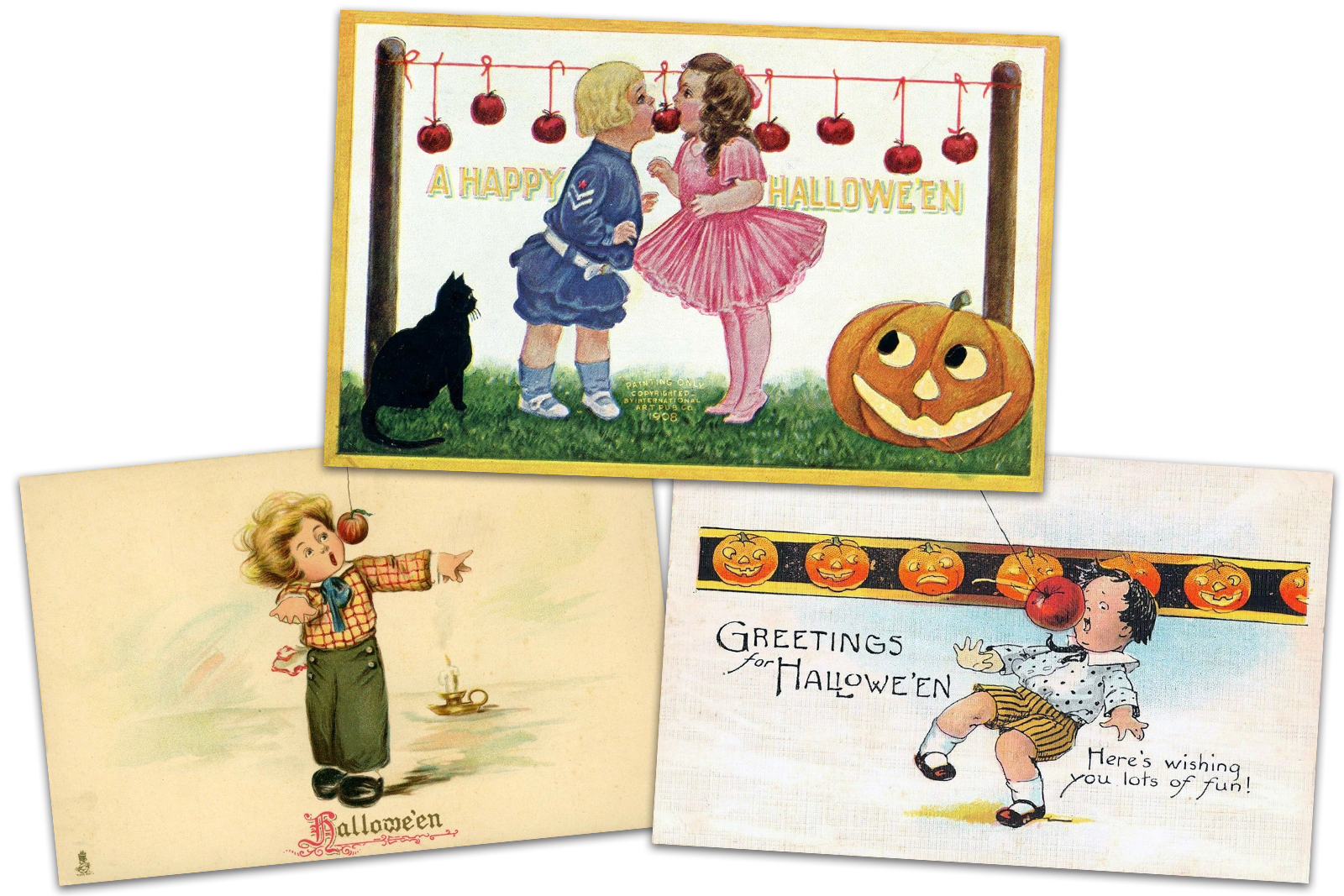 Collage of three postcards. One features a little boy in a blue sailor outfit and a little girl in a pink dress biting for the same apple as a black cat and Jack O'Lantern look on. Text reads "A Happy Halloween." Another postcard features a little boy trying to bite an apple on a string, text reads "Halloween." The final postcard features a little boy trying to bite an apple on a string, text reads "Greetings for Halloween. Here's wishing yo lots of fun."