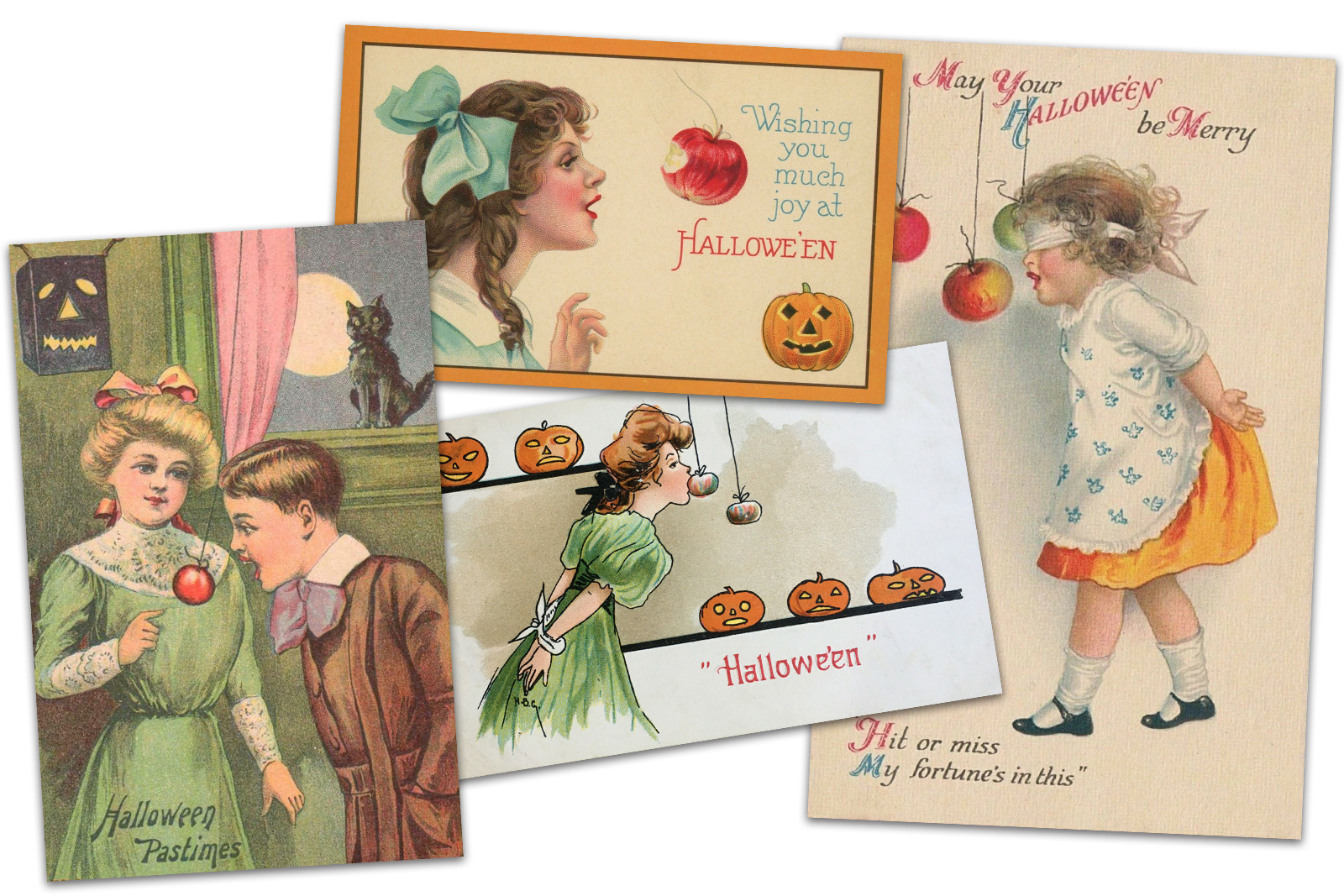 Collage of four postcards. One features a little girl in a green dress, as a little boy in a brown suit who attempts to bite into an apple on a string with his hands behind is back, text reads "Halloween Pastimes." Another postcard features a little girl in blue outfit with big blue bow attempting to bite into an apple. Text reads "Wishing you much joy at Halloween." Another postcard features a woman in a green dress attempting to bite into an apple on a string as several Jack O'Lanterns look on, text at the bottom reads "Halloween." Another postcard features a little girl in an orange dress with white apron, her hands behind her back, and she is blindfolded. She attempts to bite into an apple on a string. Text reads "May your Halloween be merry. Hit or miss my fortune's in this."