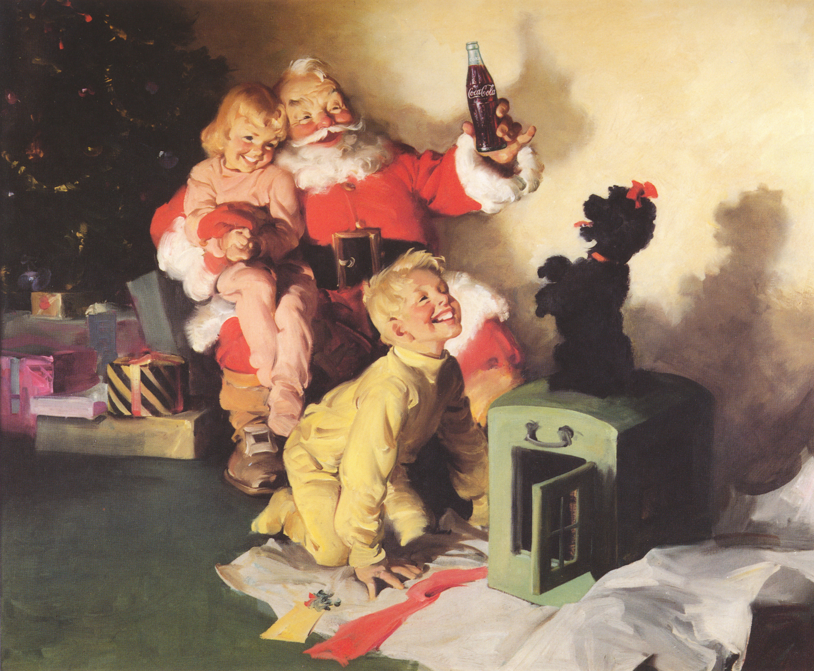 Santa sits with a little girl on his lap, and a Coke in his hand. In front of him a little boy looks at a black poodle who sits on his hind legs.