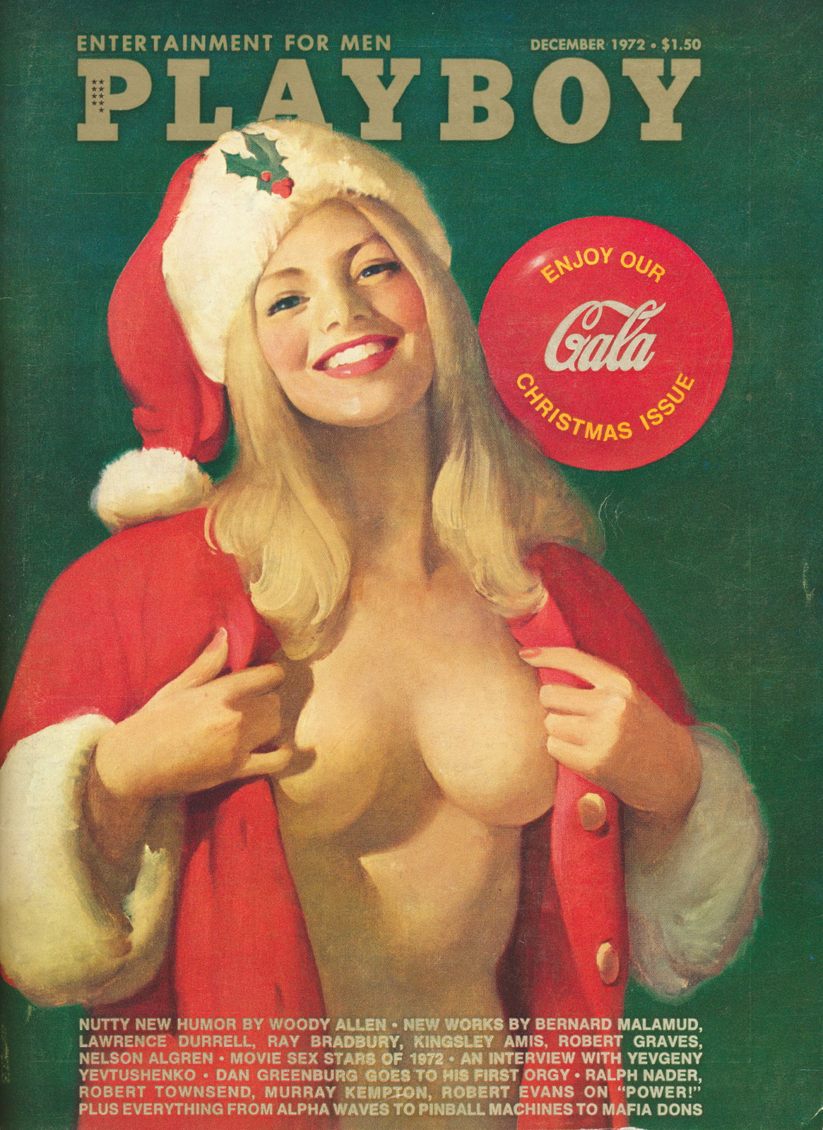 Playboy cover. A blonde female wears a red and white Santa hat on her head and is taking off the classic red coat to reveal nothing underneath. A red circle to the right reads "Enjoy Our Gala Christmas Issue" with the word "Gala" in the Coca-Cola script.
