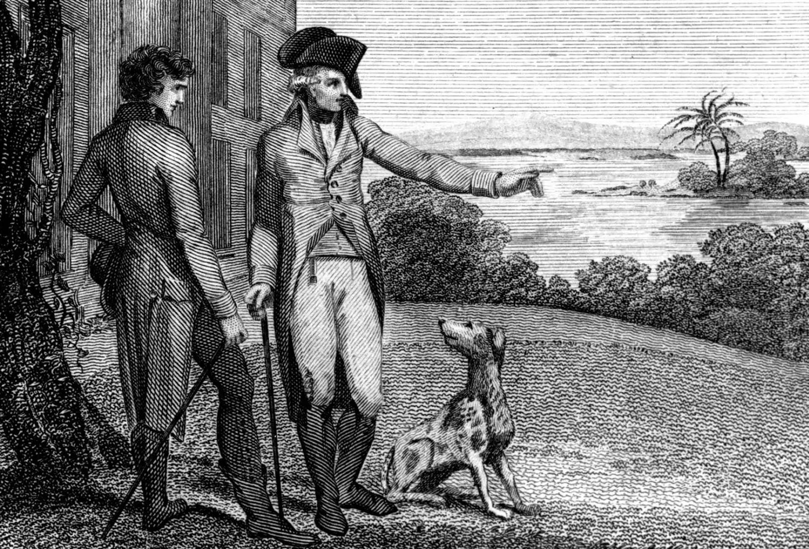 Illustration of George Washington standing with another man, and a dog.