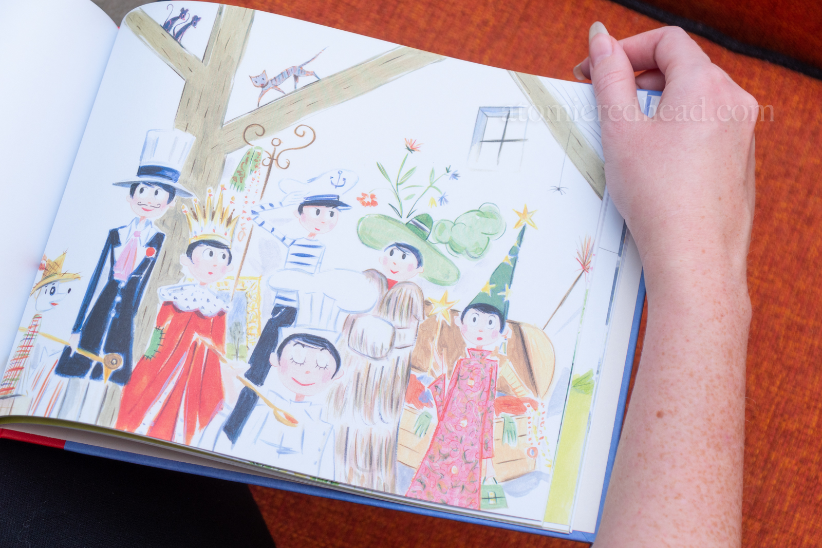 Close-up of an illustration of a young Hepburn playing dress up, wearing a dapper gentleman outfit, a robe and crown, a chef's outfit, a sailor outfit, and dressed as a magician.