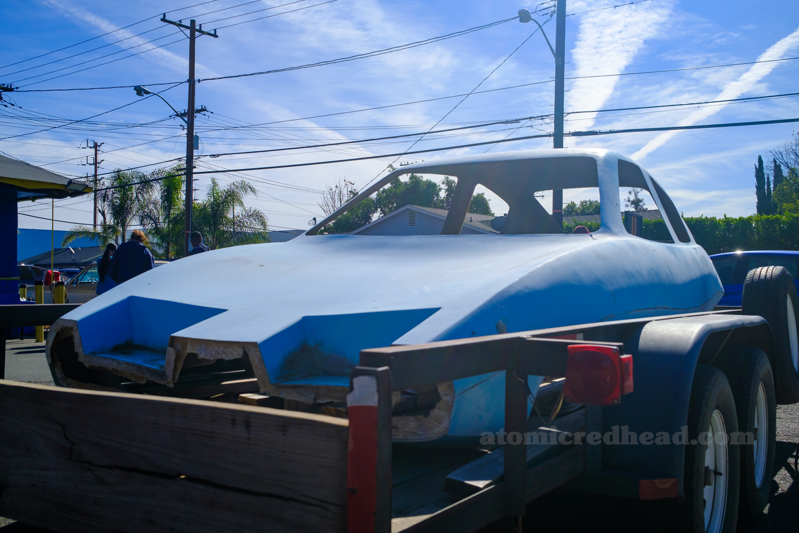 The front of the blue Dale body that sits on top of a trailer.