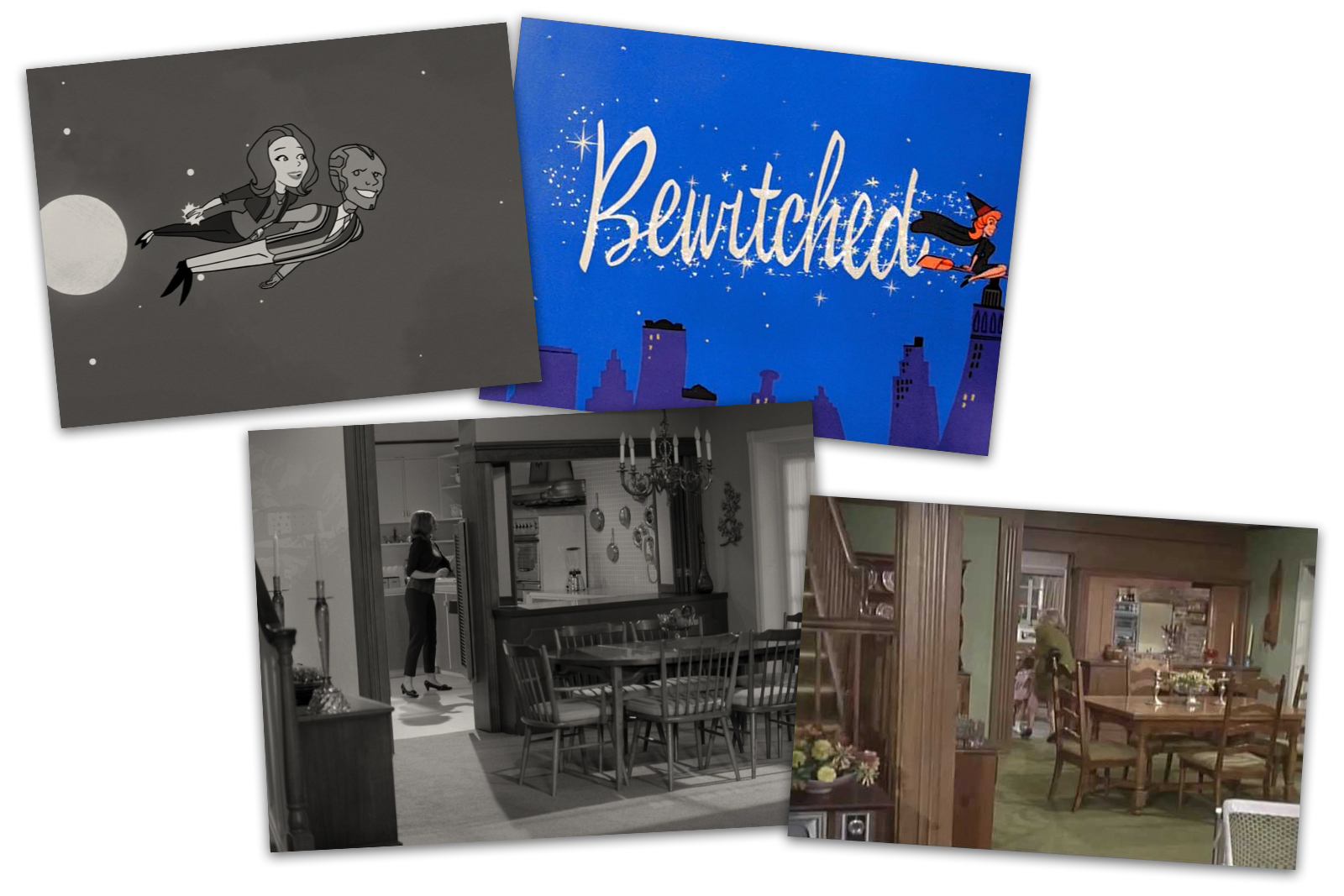 At the upper left a screencap of WandaVision featuring an animated Wanda and Vision flying, next to it is a screencap of Bewitched's opening which was animated with Samantha flying on a broom. Below screencaps of the WandaVision dining room and the Bewitched dining room showing the similarities.