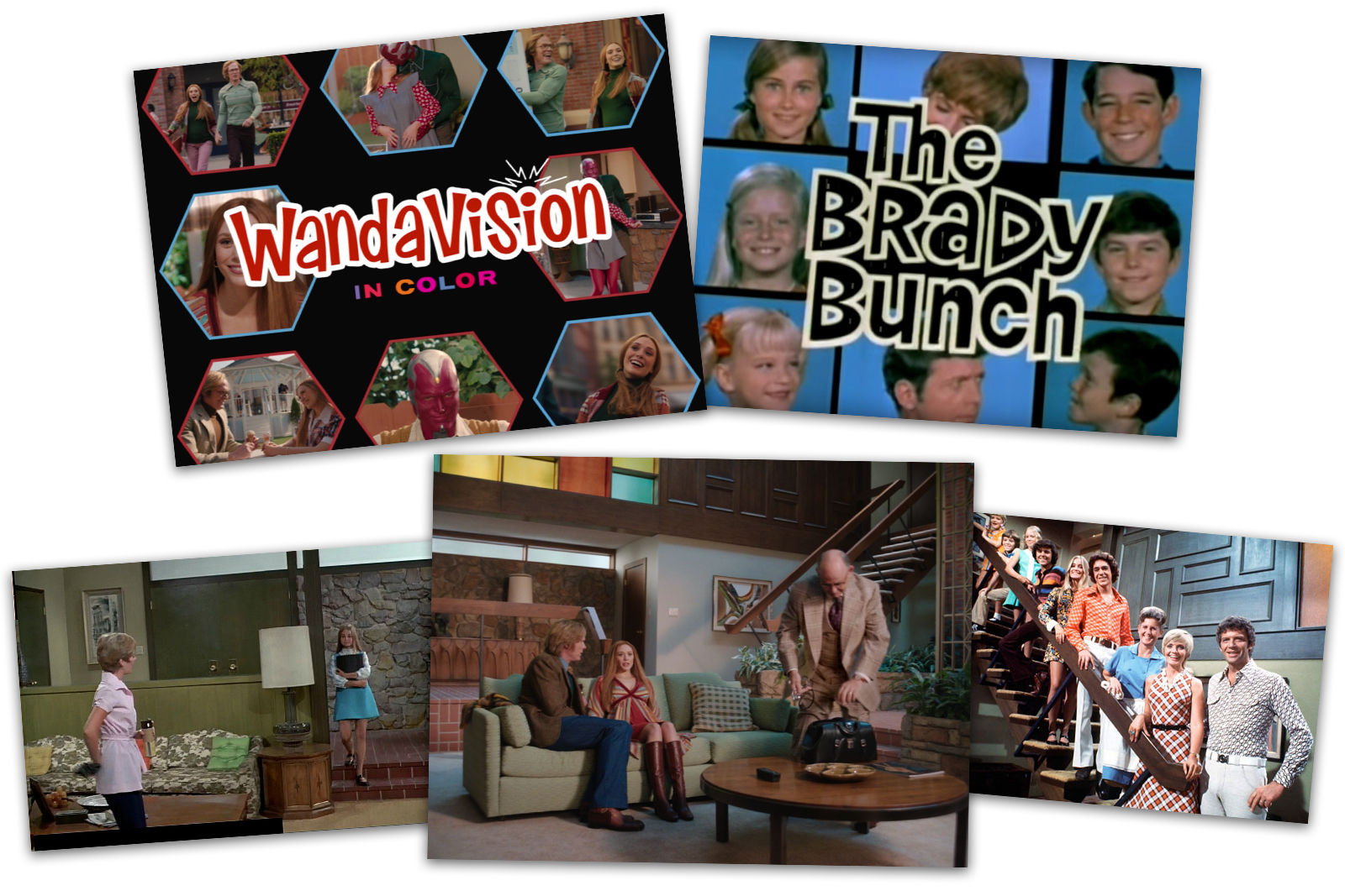 Upper left is the WandaVision opening and on the right the Brady Bunch opening. below that two photos of the Brady Bunch living room and the WandaVision living room all of which are very similar.