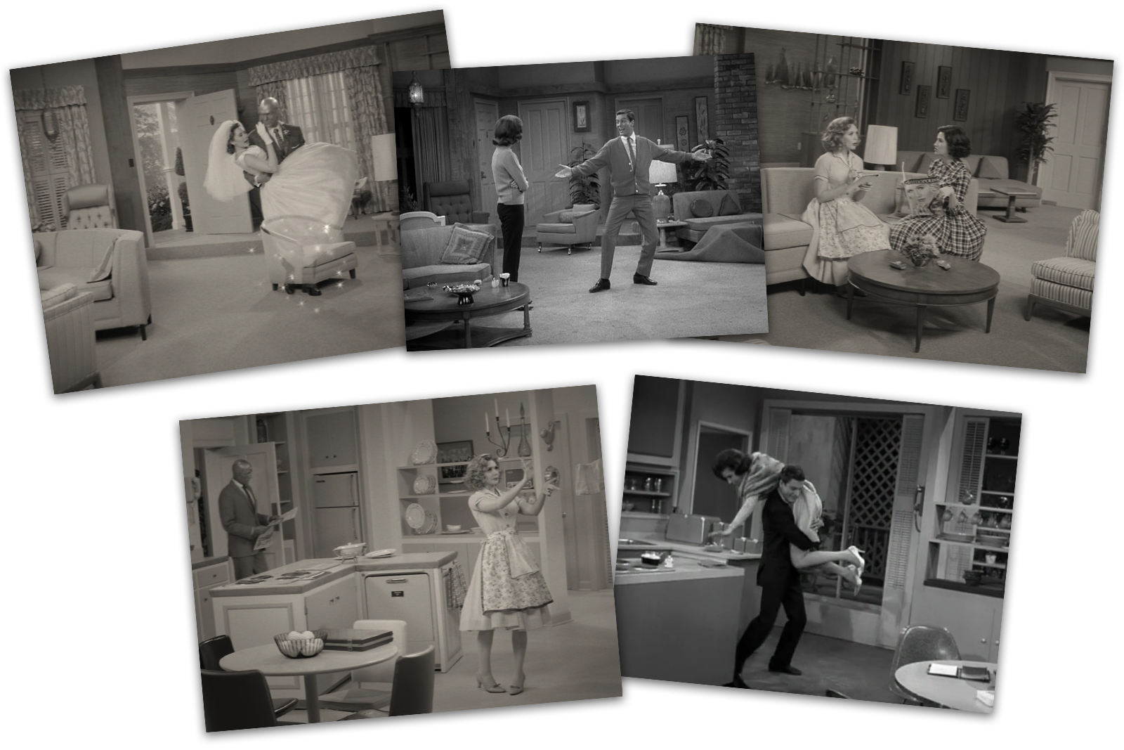 A collage of five images. At the top, left to right, a screencap of the WandaVision living room, in the center a screencap from The Dick Van Dyke Show of that living room, and right another screencap from WandaVision showing its living room. Below, left a screencap of the WandaVision kitchen, and on the right a screencap of the Dick Van Dyke kitchen.