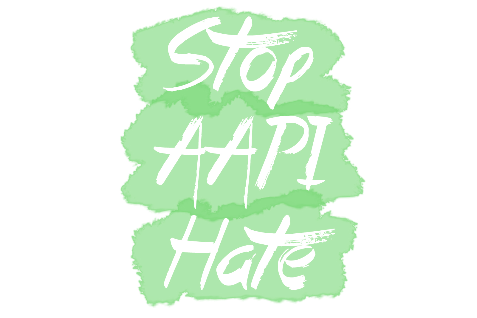 Graphic with green watercolor shapes and white text overlay reading "Stop AAPI Hate"