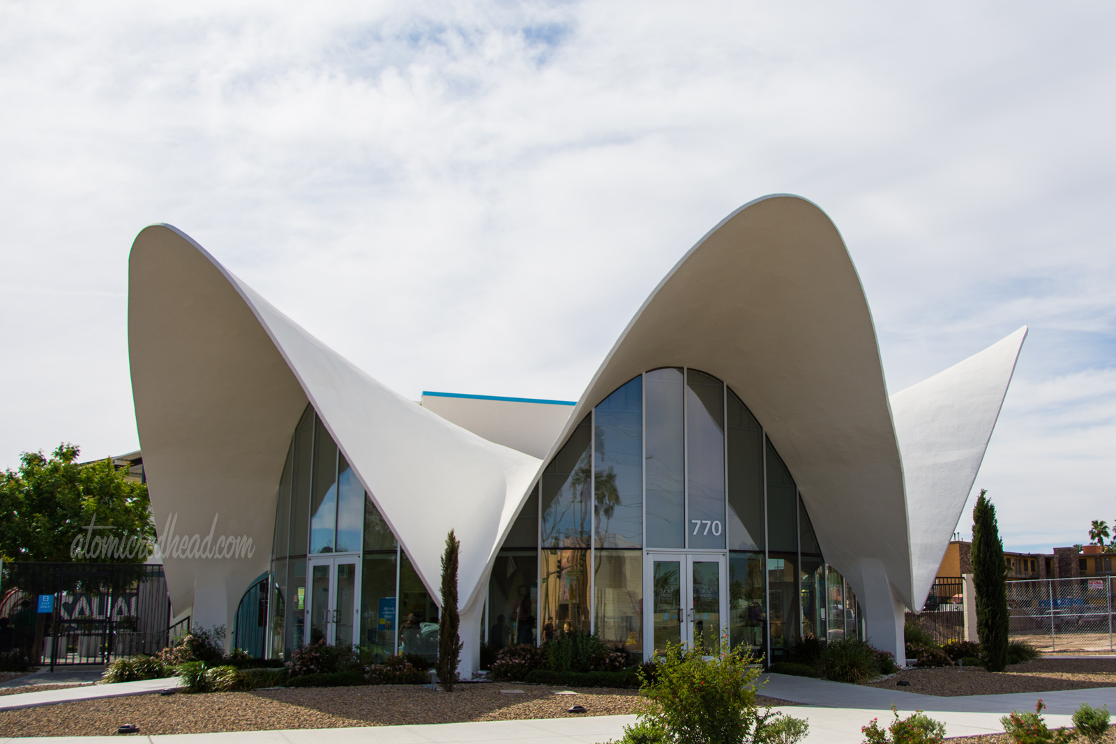 The La Concha at the Neon Museum in Las Vegas, a white arching building that emulates a shell.