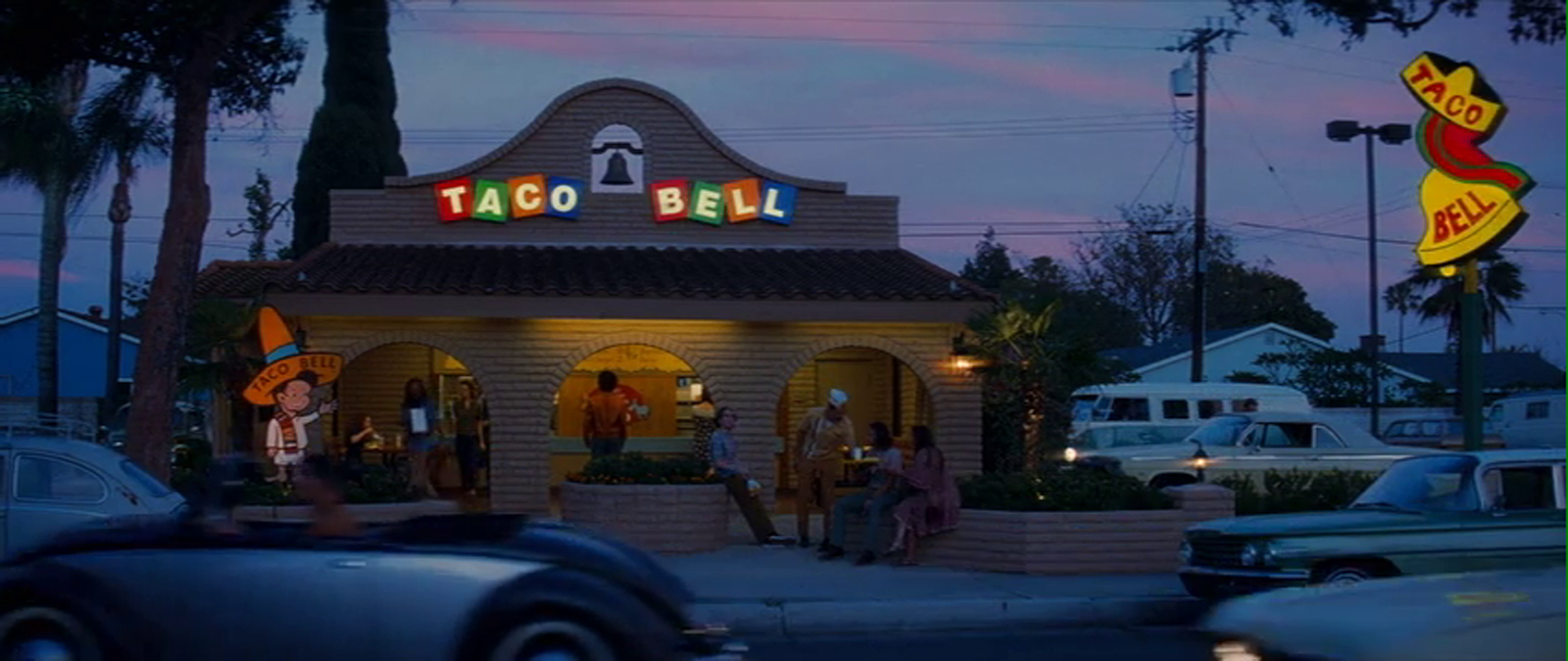 The Taco Bell as it appeared in the film, with vibrate colored tile letters.