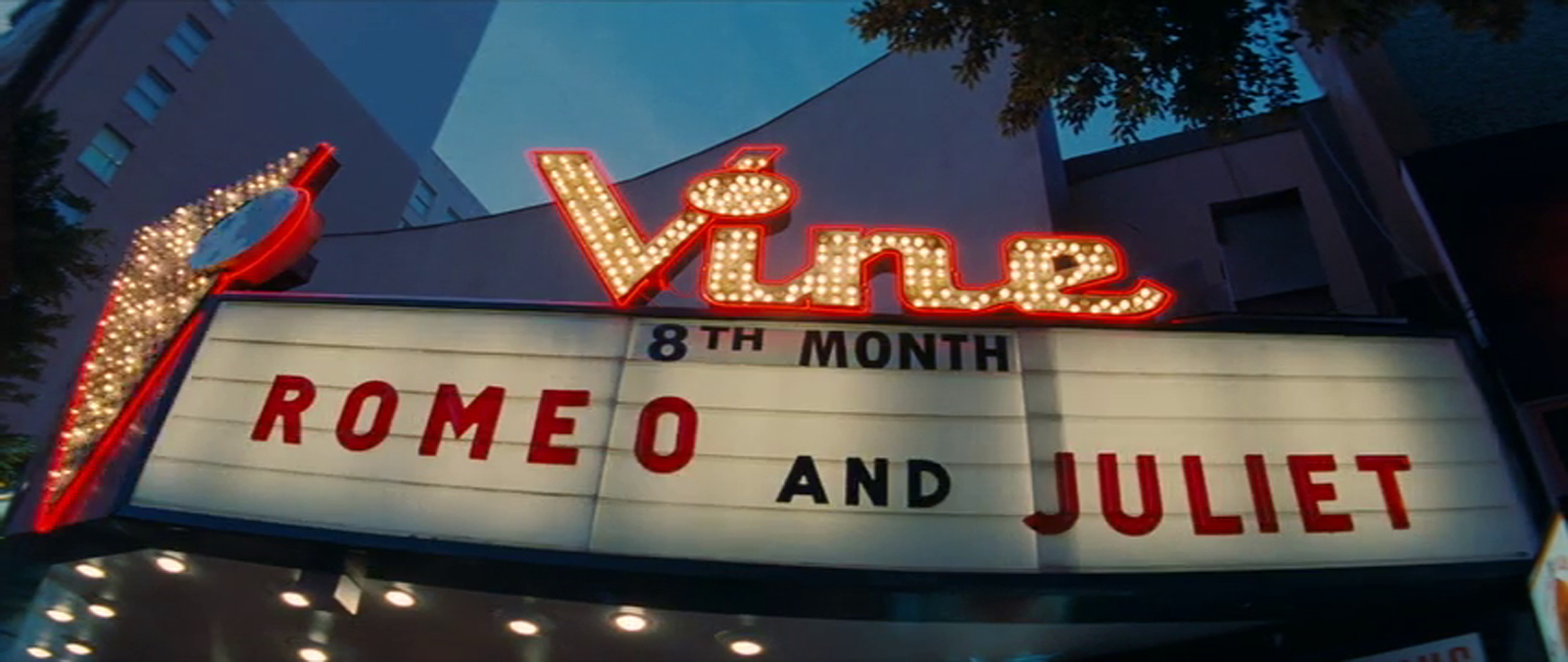 The Vine marquee lit up with Romeo & Juliet spelled out on its marquee.