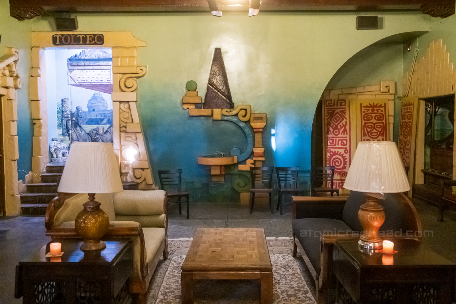Lobby of the Aztec with a fanciful Mayan inspired drinking fountain.