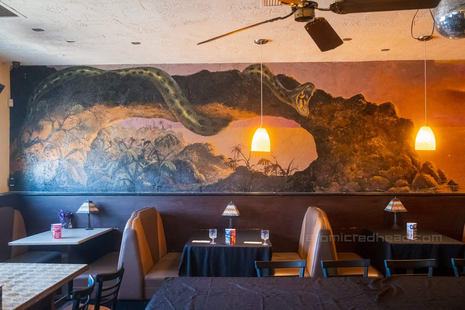 Mural of a giant snake in the bar of the Aztec.