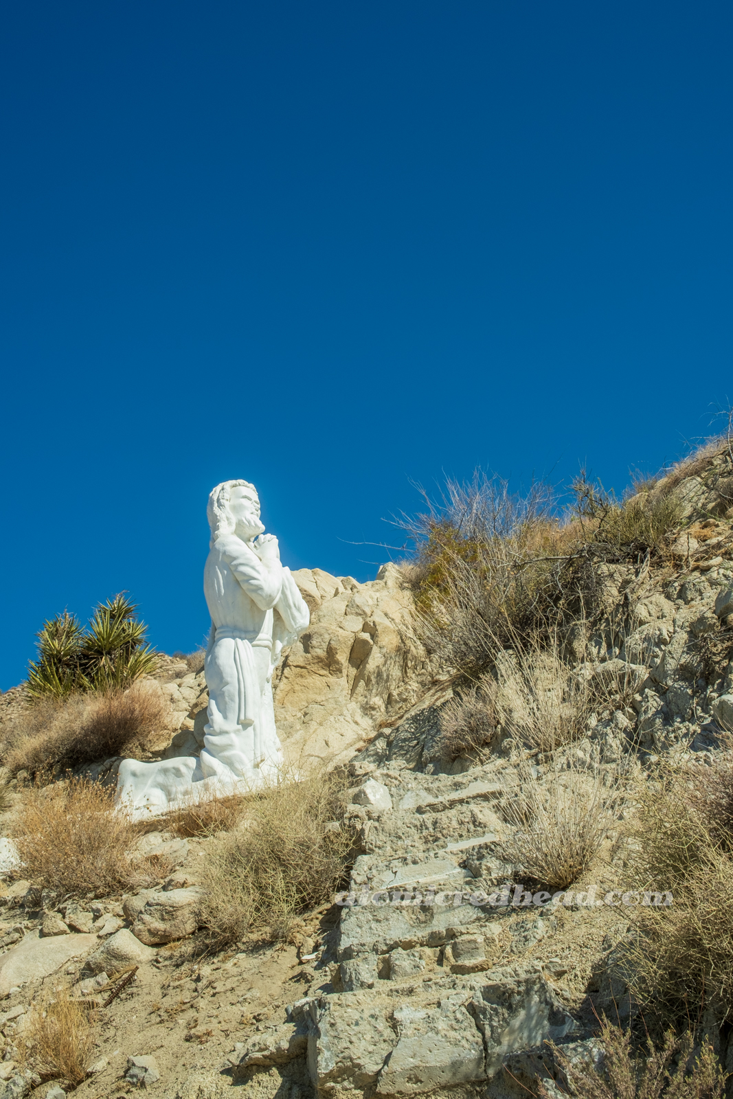 A white washed statue of Jesus kneels in prayer. 