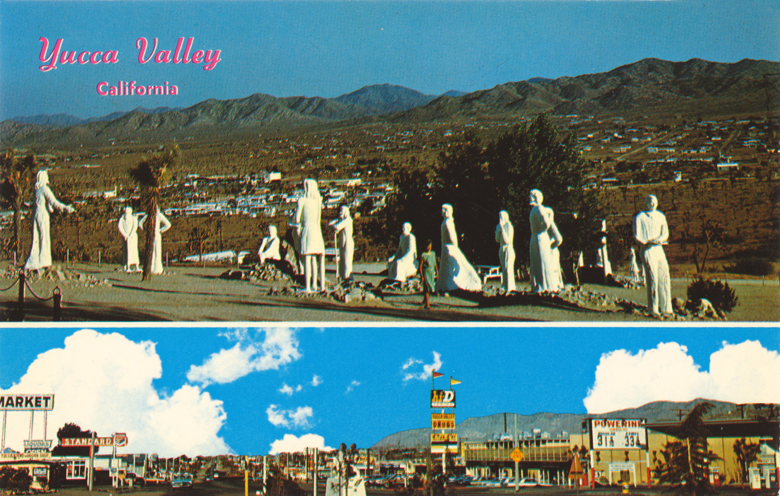 Vintage postcard, featuring an overview of the giant white washed statues of Desert Christ Park on top, below a street view of Yucca Valley. Red script in the upper left reads "Yucca Valley, California"