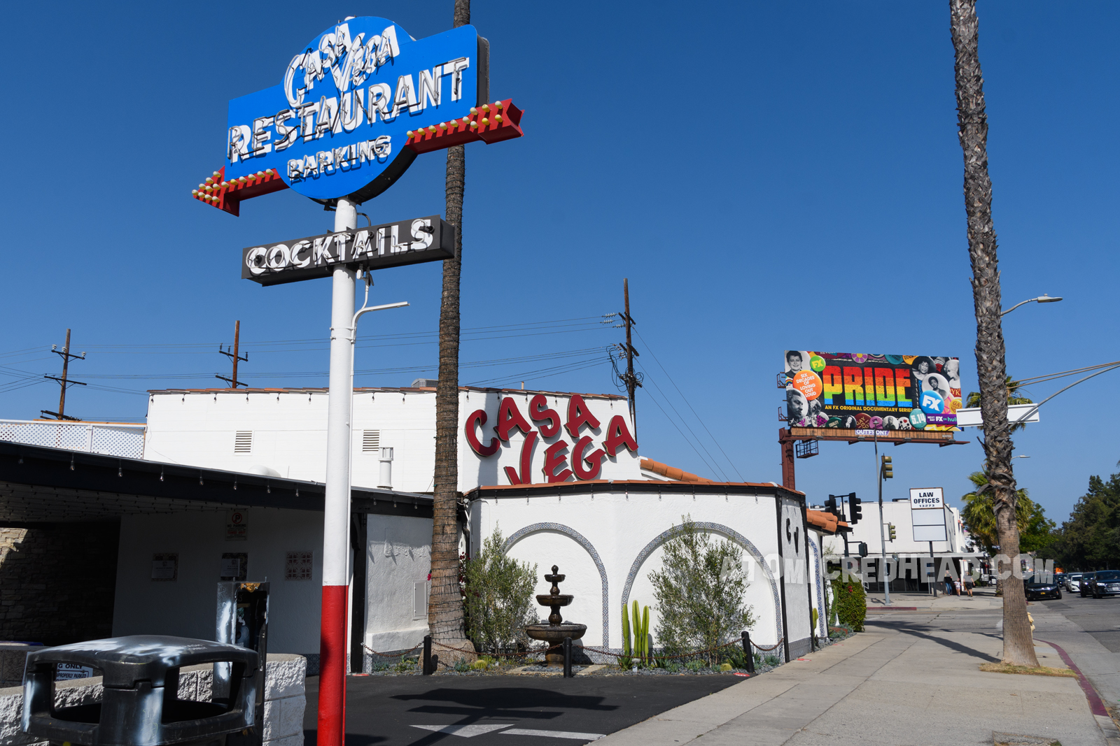 Casa Vega as it appears today, during the day, a white stucco building, with the same signage as in the film.
