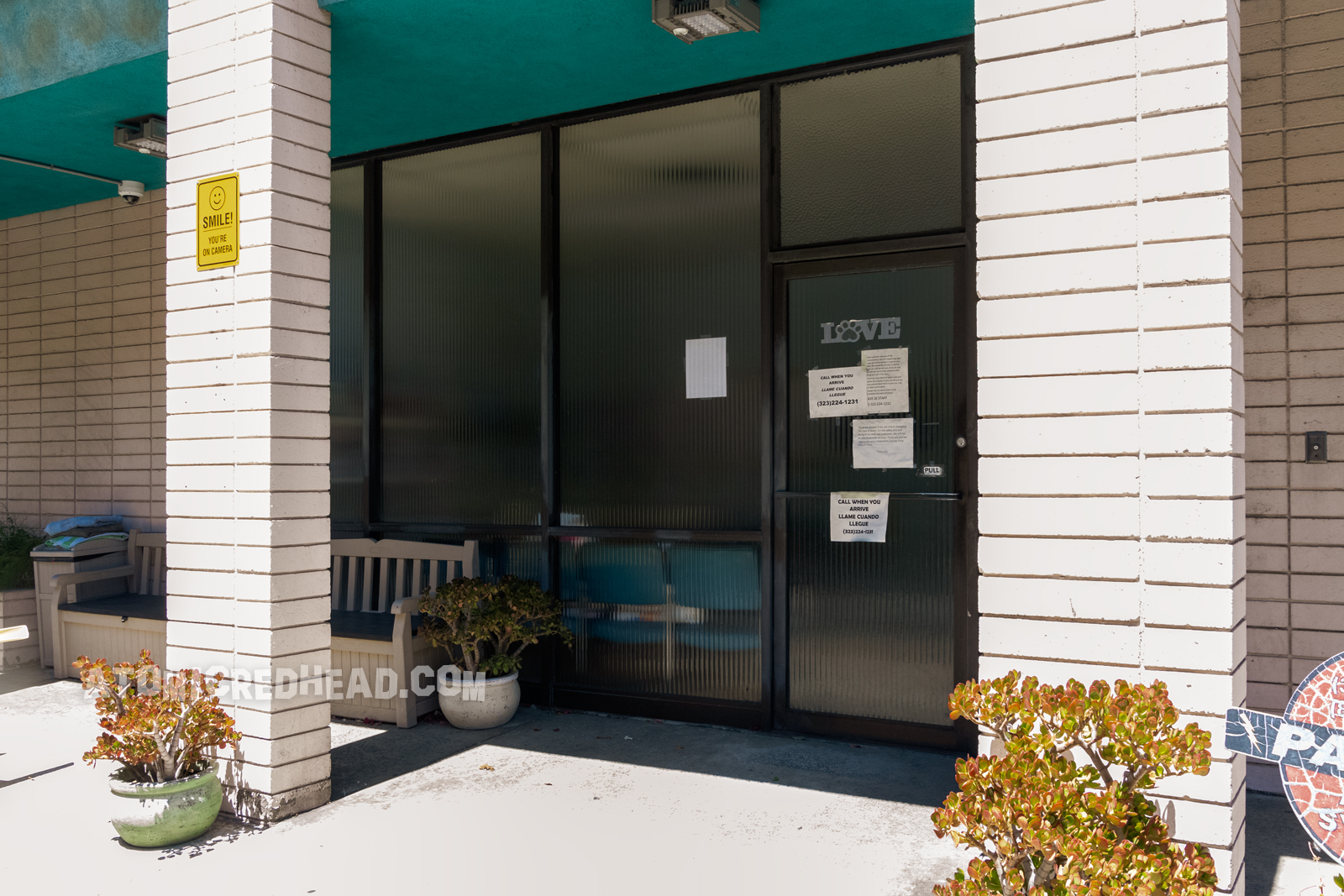 The exterior of the vet today, with frosted glass, and the same blue chairs visible.