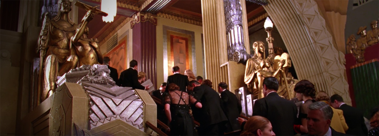 The lobby as it appears in The Aviator, with the life size gold statues flanking the staircase.
