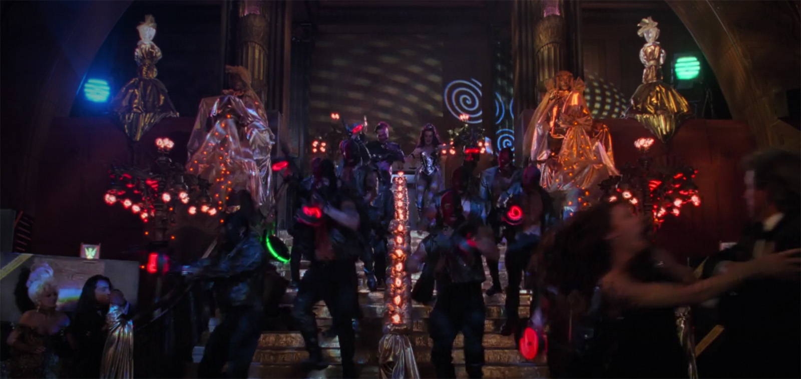 The staircase as it appears in Batman Forever, with the staircase statues oddly swaddled in gold fabric.