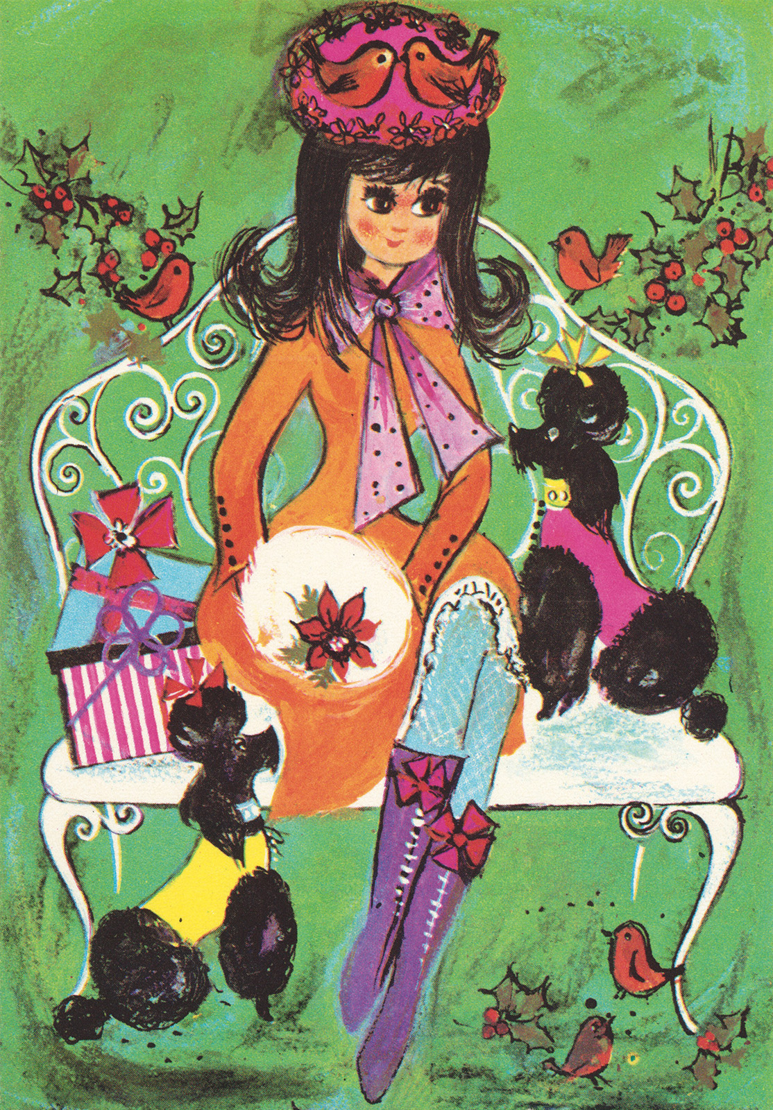 A dark haired girl sits on a bench, she wears mod 60s clothes, including a floral hat, orange dress, pink bow at her neck, blue tights, and purple boots. She has a white fur muff with a poinsettia on it. Also on the bench are some presents and a black poodle wearing a pink sweater. On the ground is another poodle, wearing a yellow sweater.