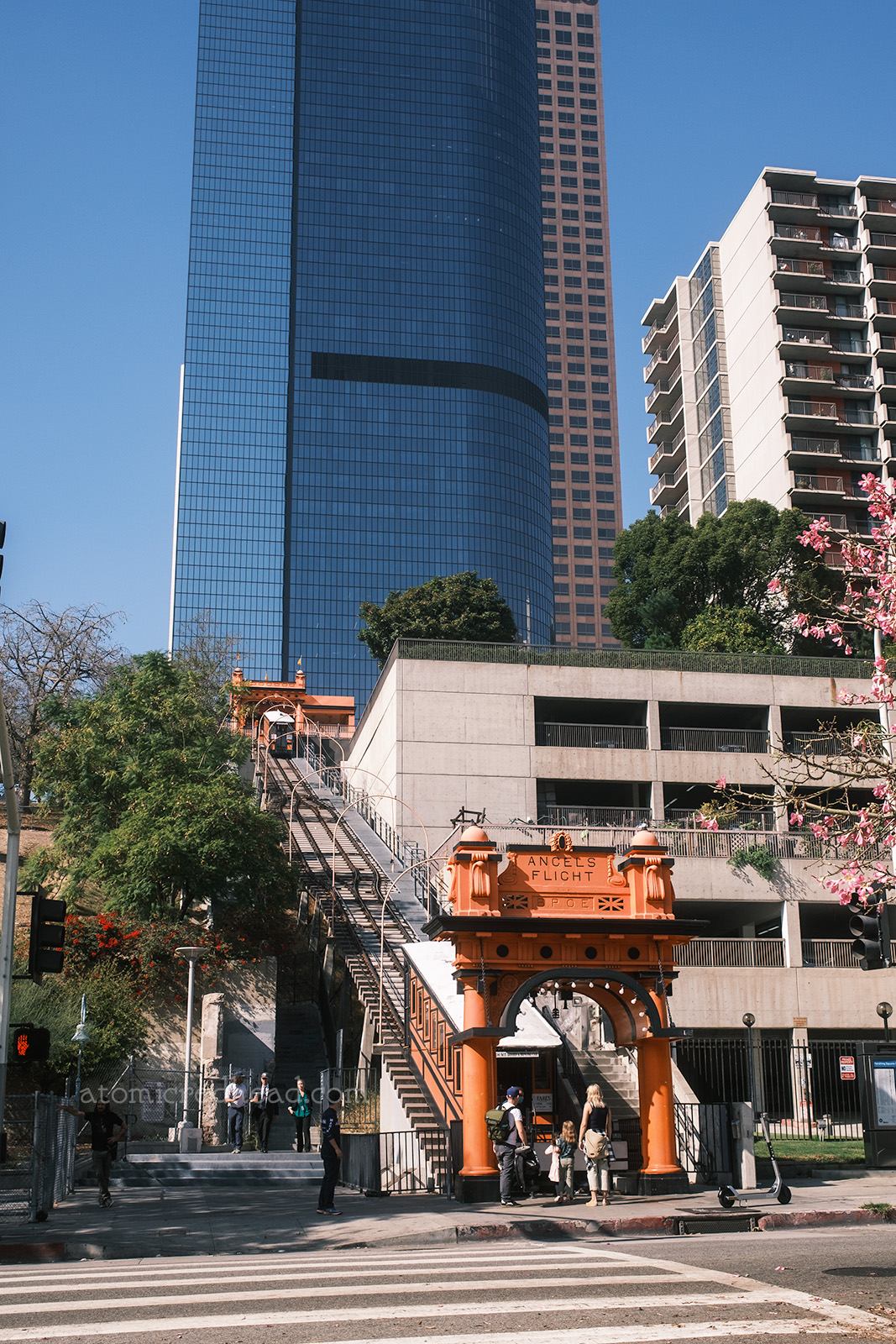 Angled view of Angels Flight, with its vertical track, and both stations visible at the top and bottom.