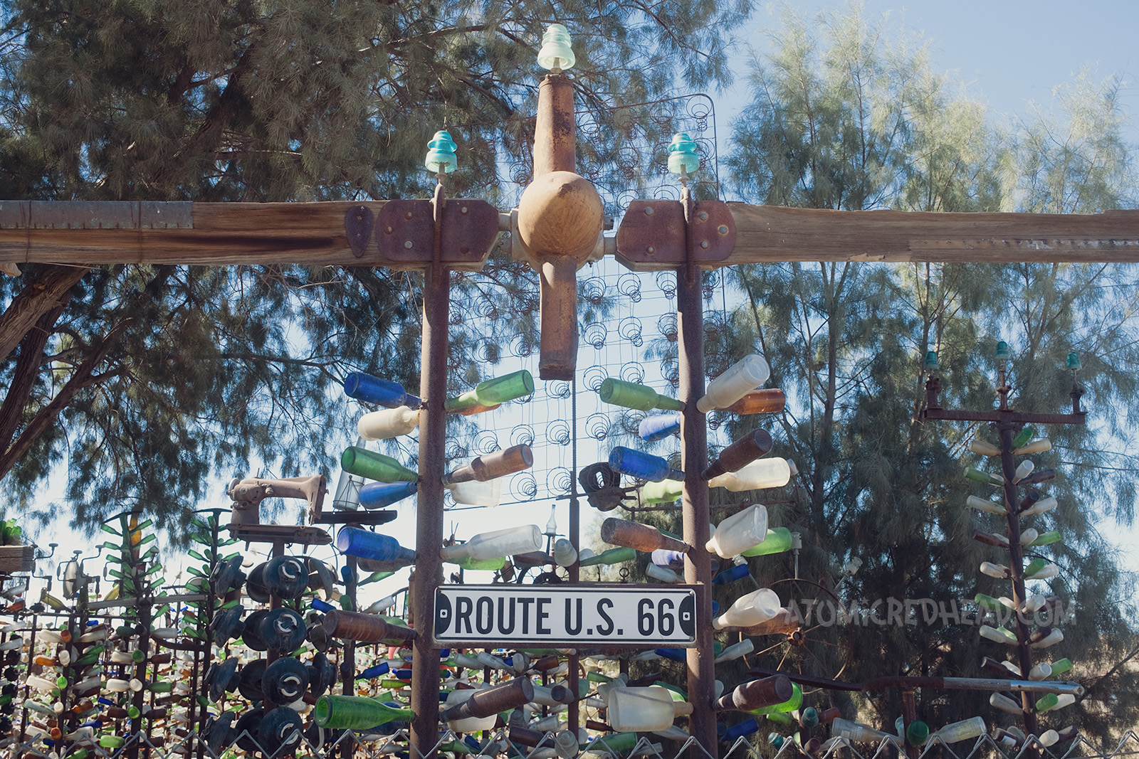 Abstract tree like sculptures made up of bottles sit clustered under a real tree, a sign reading "Route US 66" is attached to the bottom of one sculpture.