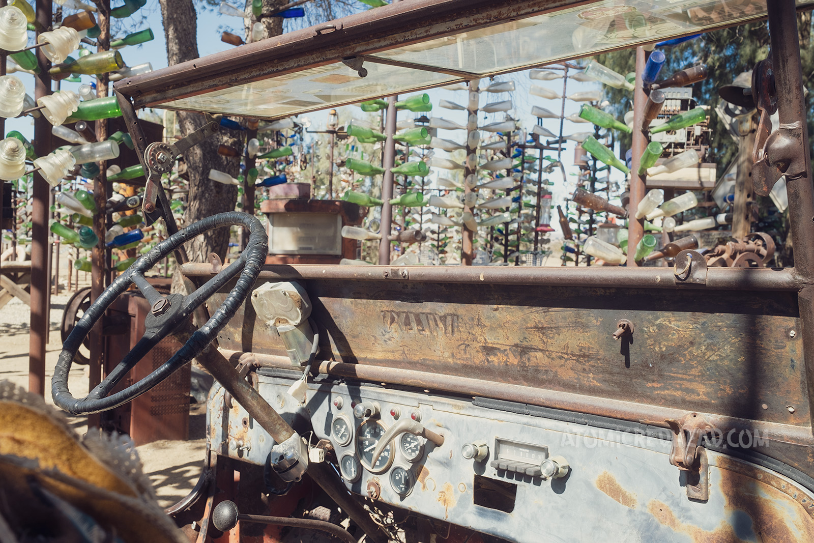 The dash of an old Jeep, with bottle trees through the windshield.