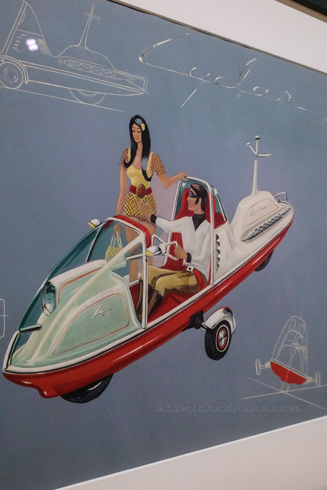 Concept illustration for a futuristic car that looks more like a rocket boat. A mod looking man sits in the driver's seat, and a woman stands out front.