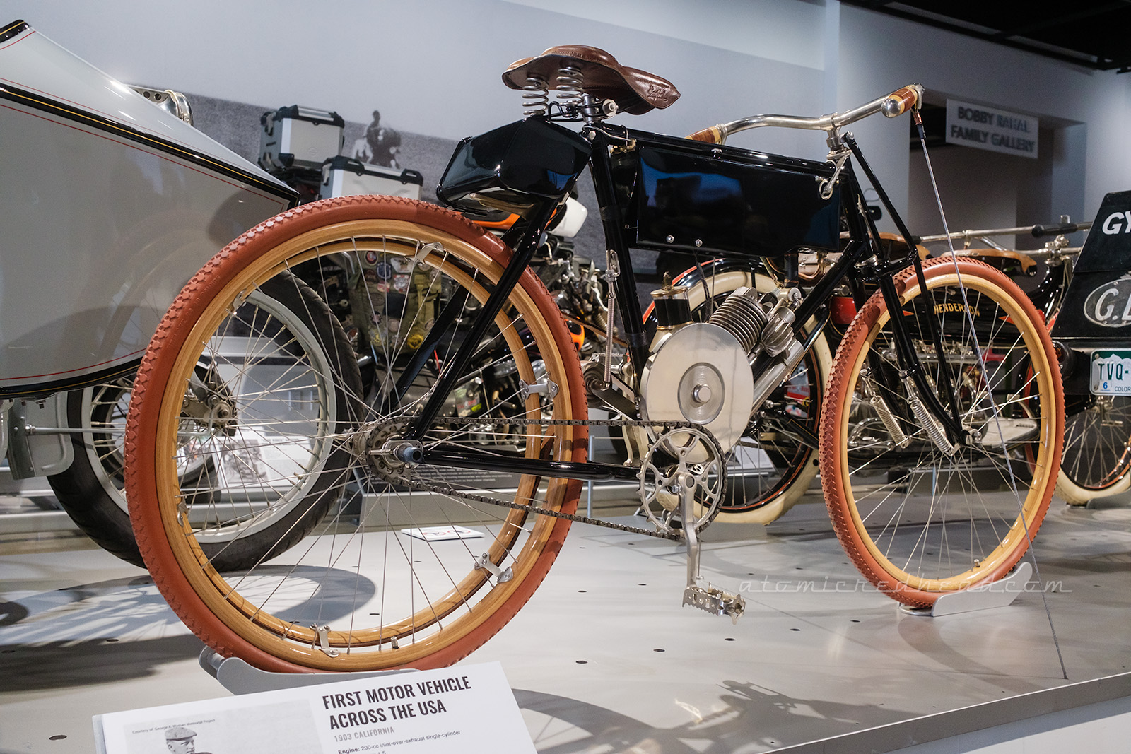 A 1903 California cycle, which was the first motor vehicle to travel across the United States. It appears more like a bicycle to the average viewer, with a small engine mounted to the center.
