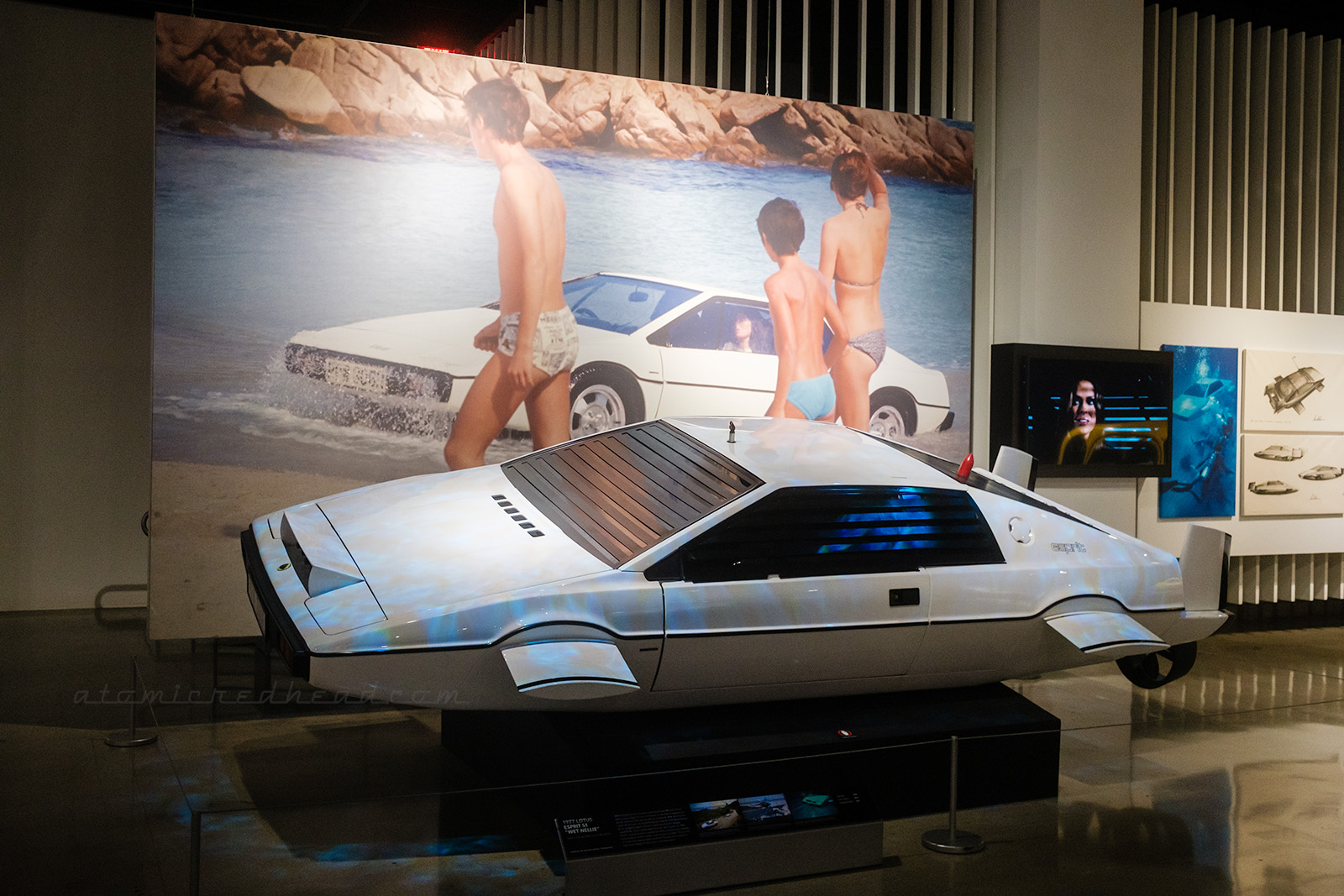 The 1977 Lotus Espirit S1, which is converted into a submarine known as "Wet Nellie" for The Spy Who Loved Me. The white sports car features small little fins where the wheel wells would be, as well as along the back, and shutters over the windows.