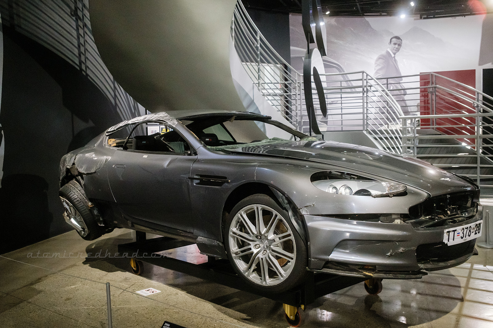 The wrecked 2006 Aston Martin DBS as seen in Casino Royale, which made a new record for number of cannon rolls with a car.