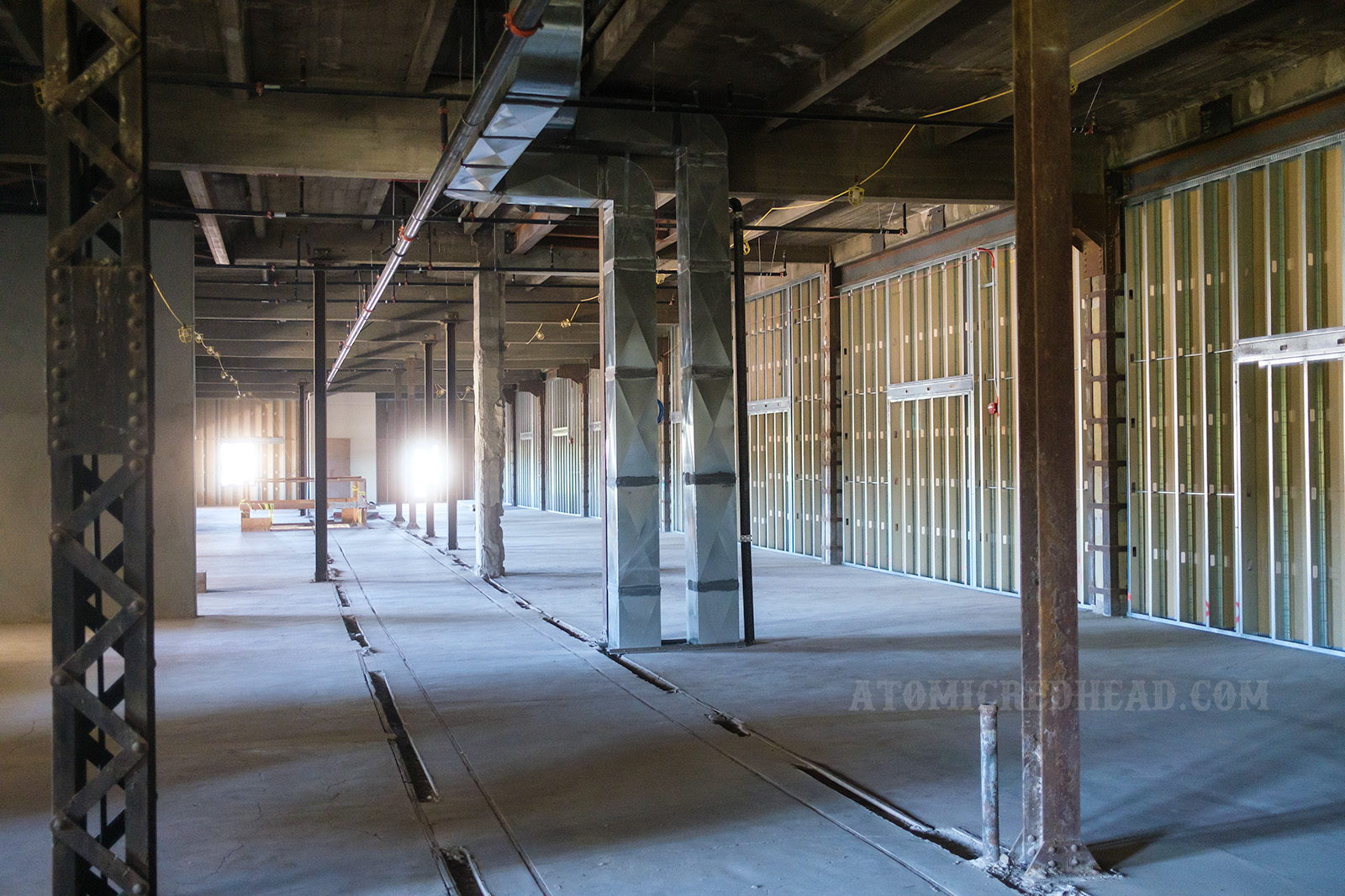 The upstairs of the El Garces is entirely gutted, only the floor remains, showing where walls once stood, separating the rooms for the Harvey Girls.