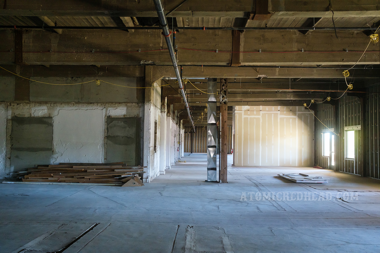 The gutted upstairs of the El Garces, with exposed walls and beams.