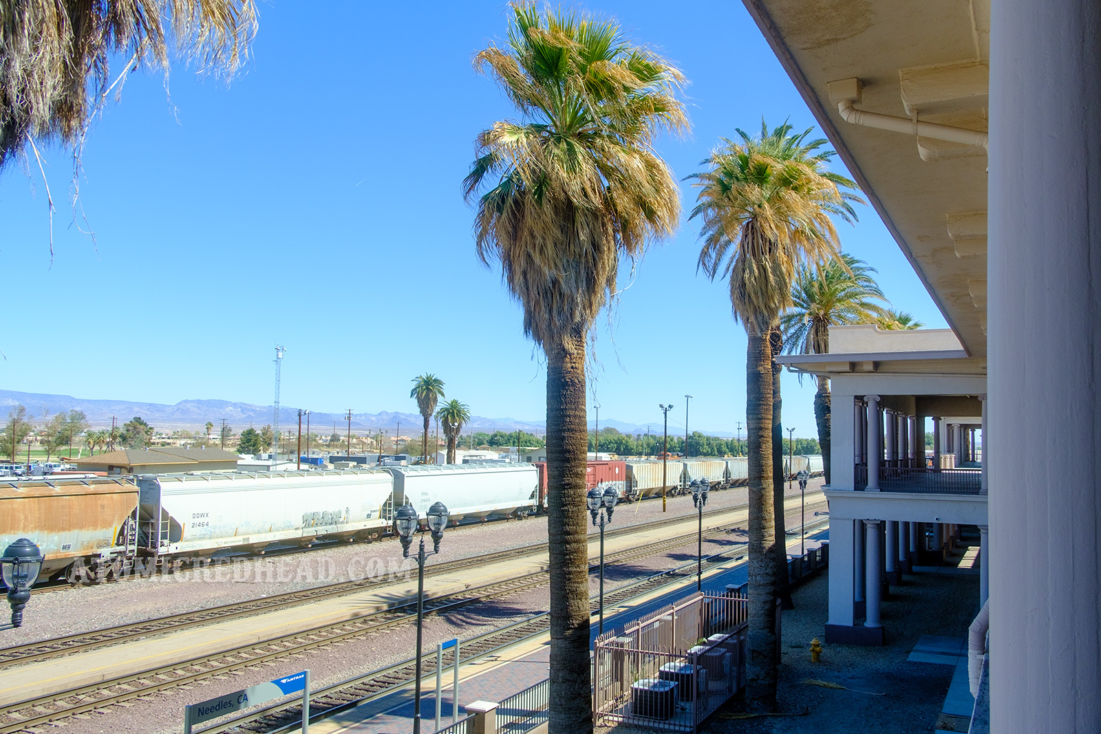 Looking out over the railroad tracks from the second story balcony. Tall palm trees stand between the building and the tracks.