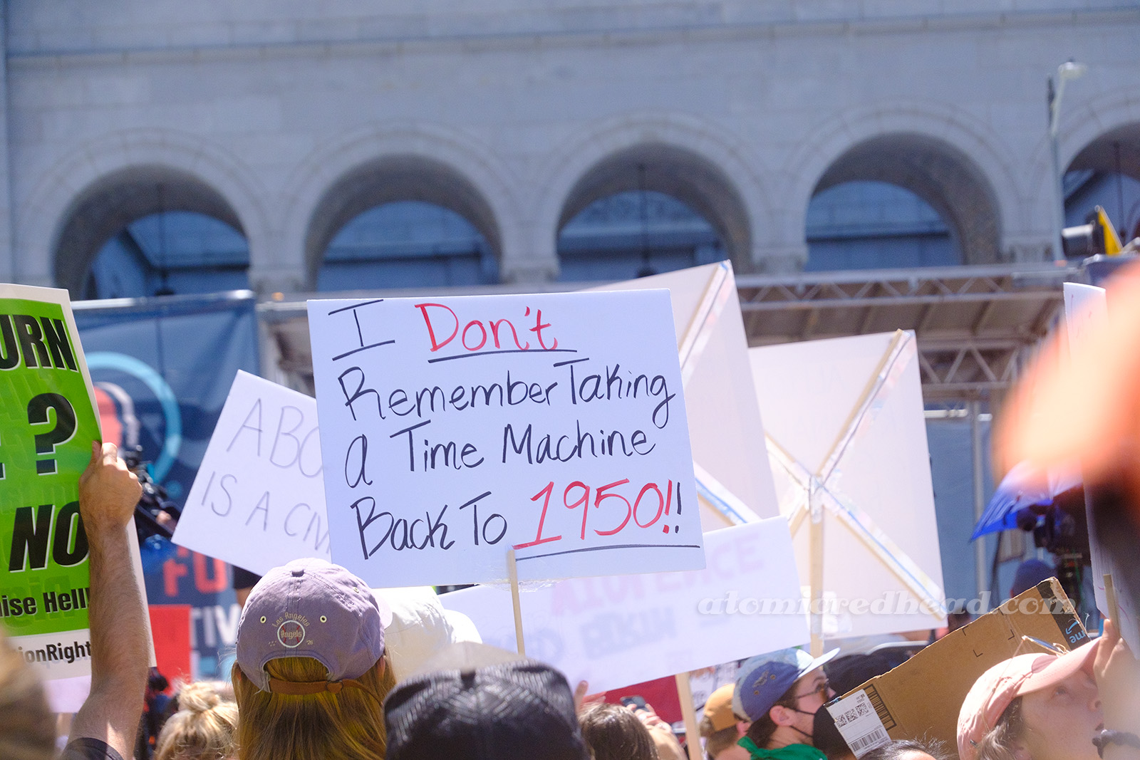 A sign that reads "I don't remember taking a time machine back to 1950!!"