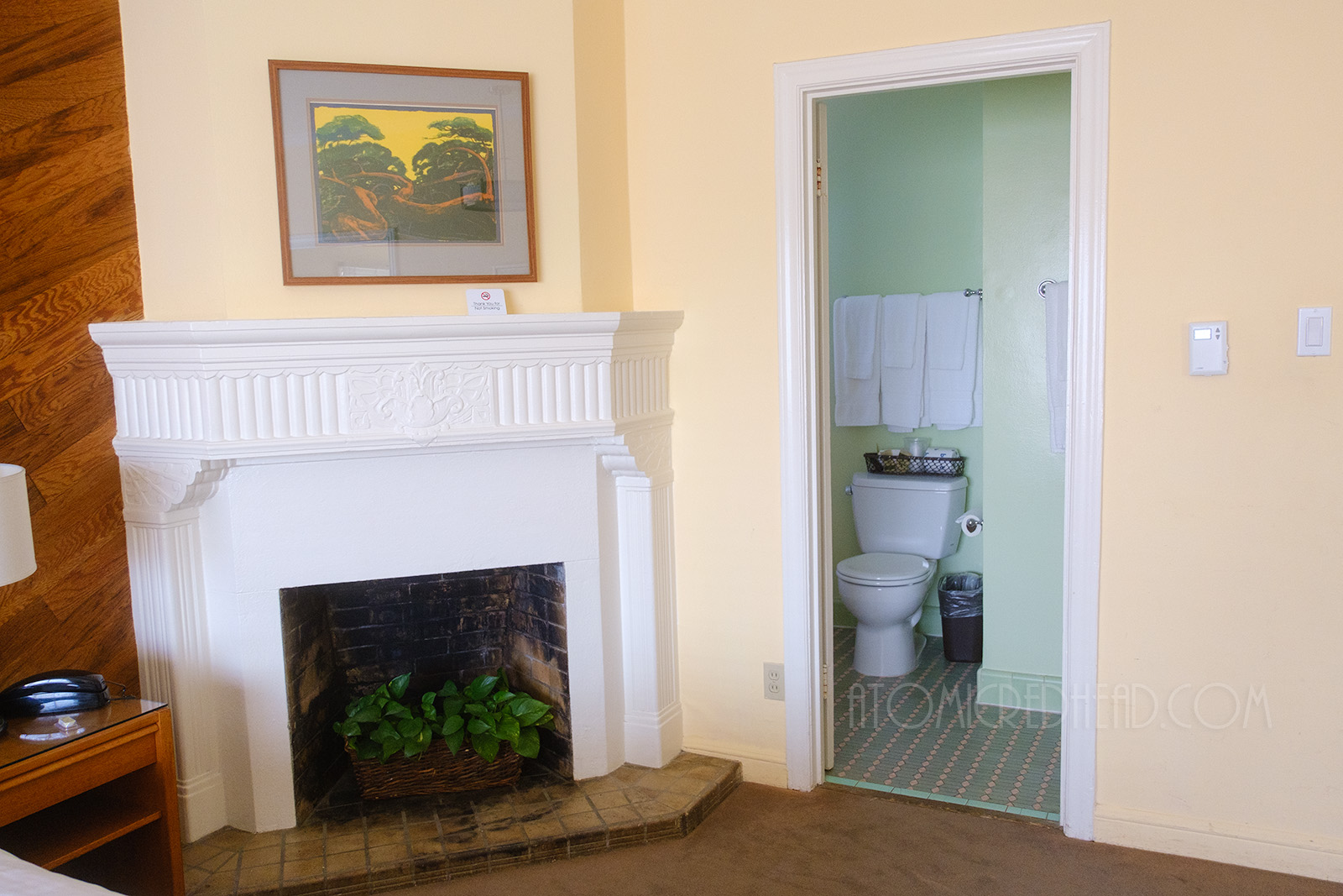 A fireplace adds an element of coziness to the room, above the fireplace hangs a picture of California cypress trees, to the right is the doorway to the bathroom, which is painted mint green.