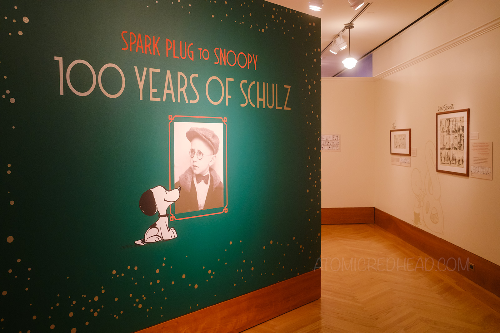 An emerald green wall with a photo of a young Charles M. Schulz and an illustration of a sitting Snoopy, and text reading "Spark Plug to Snoopy 100 Years of Schulz"