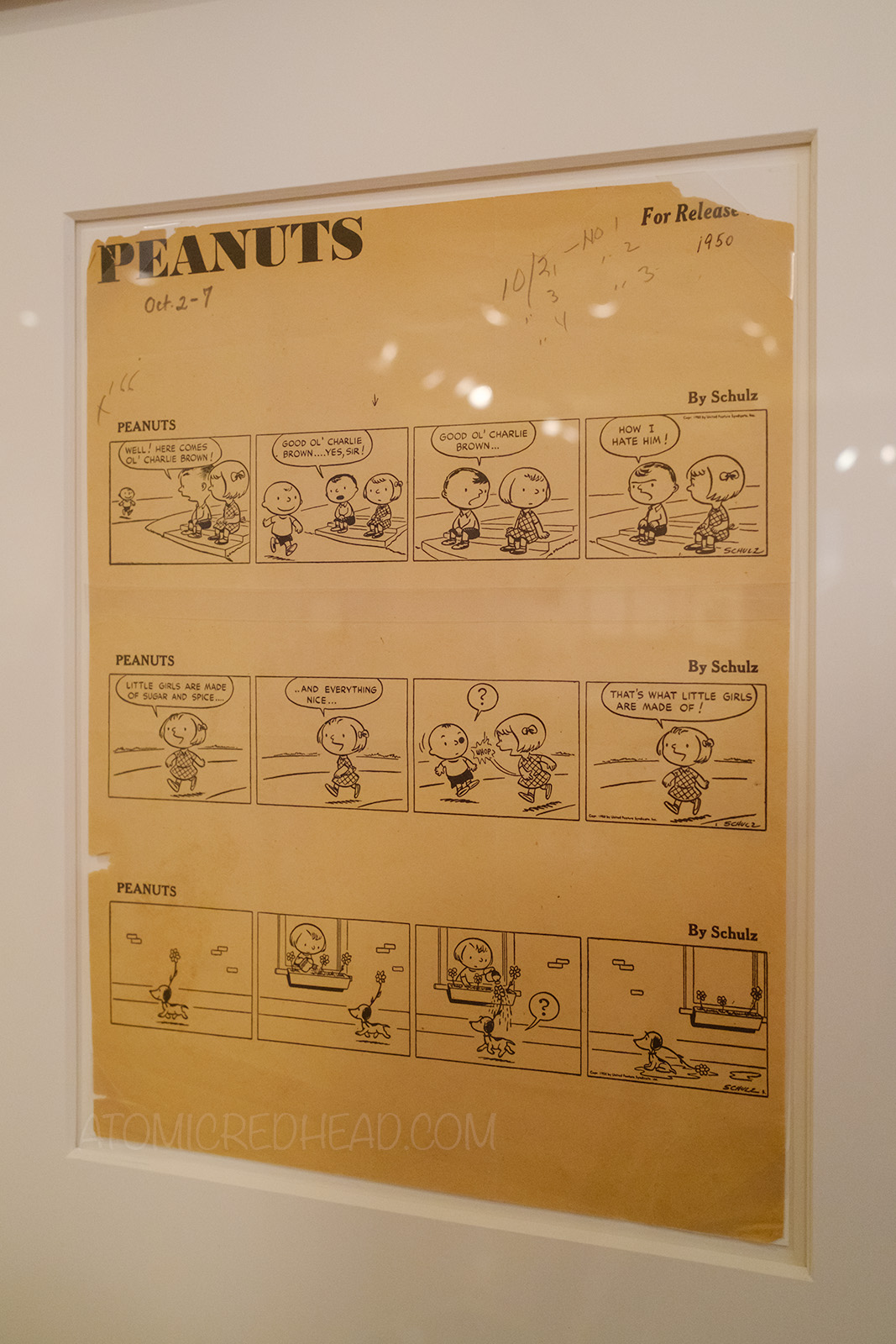 Proof sheets of the first three Peanuts comic strips.