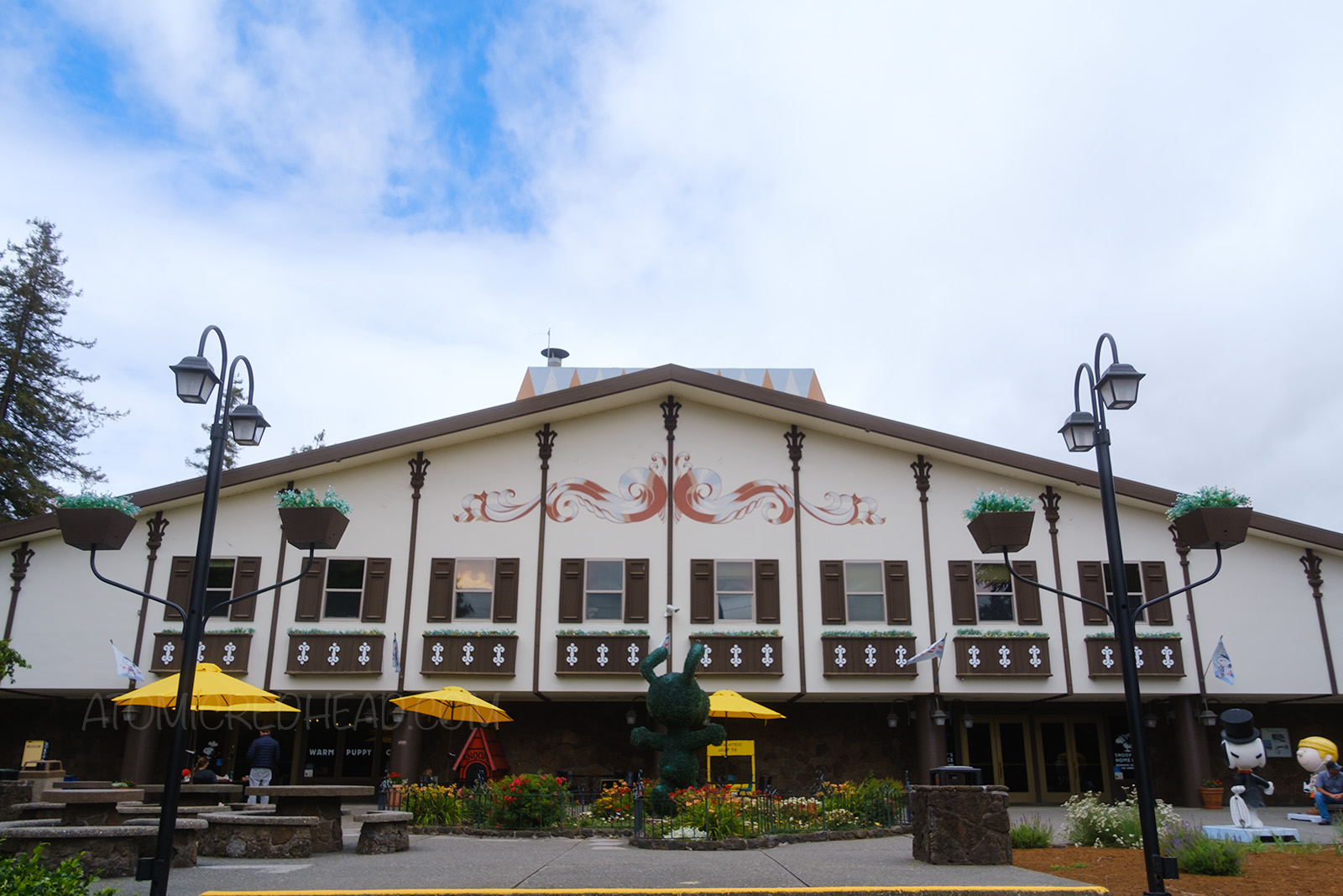 Exterior of the Redwood Empire Ice Arena, which is done in a sky chalet style.